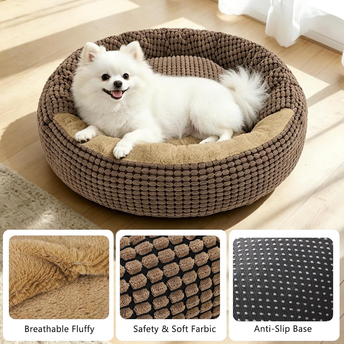 small dog bed with attached blanket, cozy donut, side view