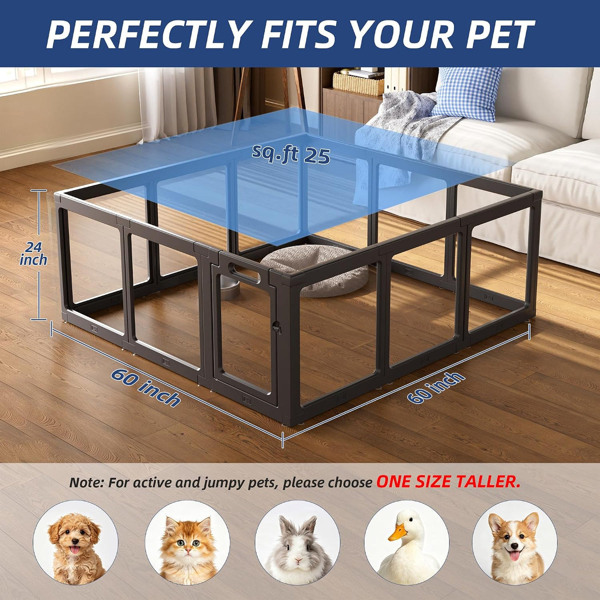clear acrylic dog playpen indoor pet pen, 24" showing dimensions