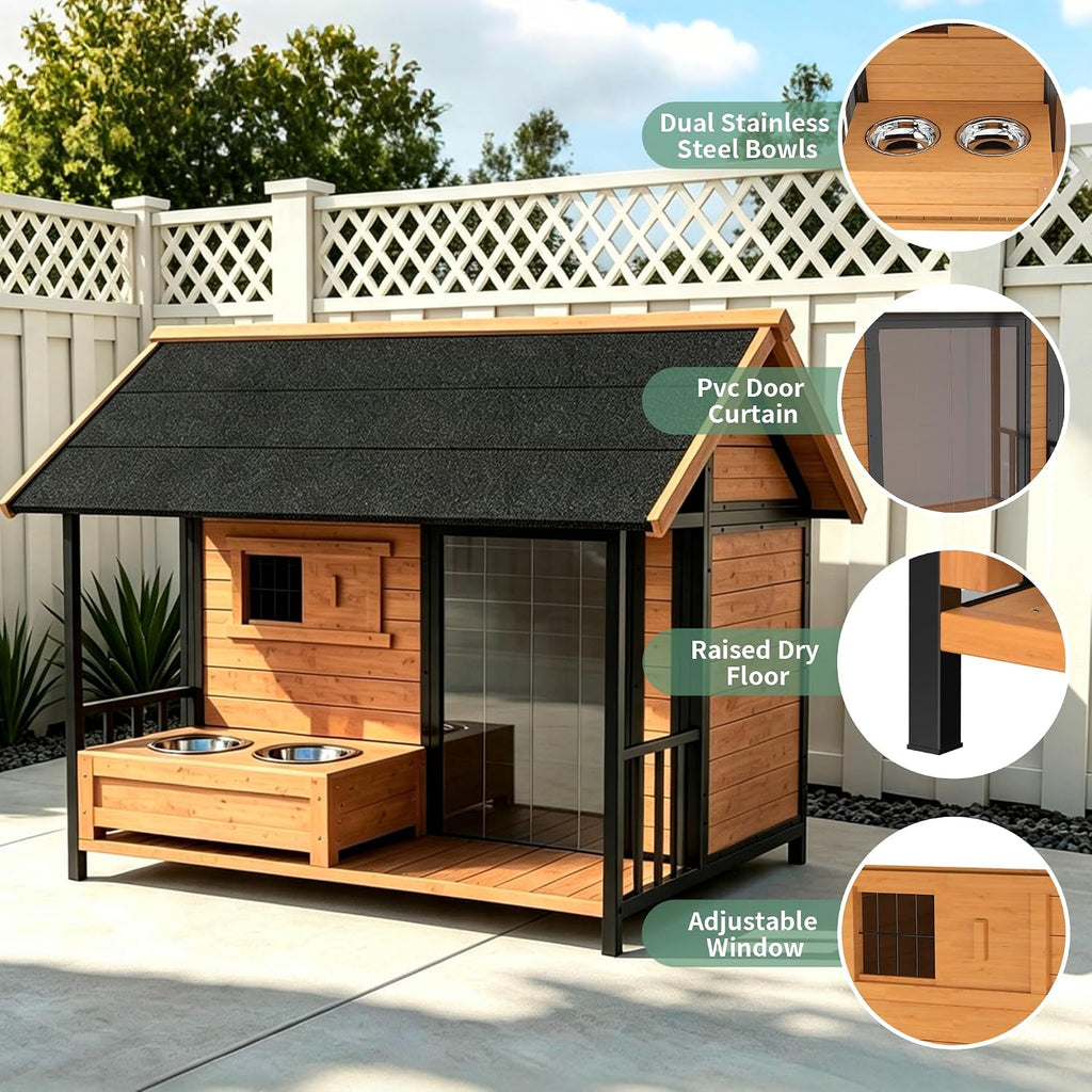 large dog house with porch & dog bowls, close-up detail