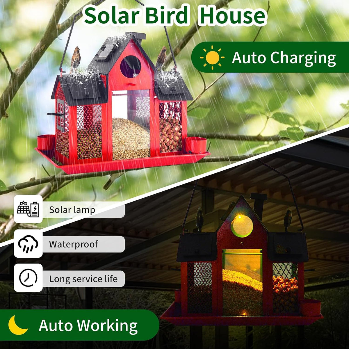 solar bird feeders house for outside hanging, metal showing dimensions