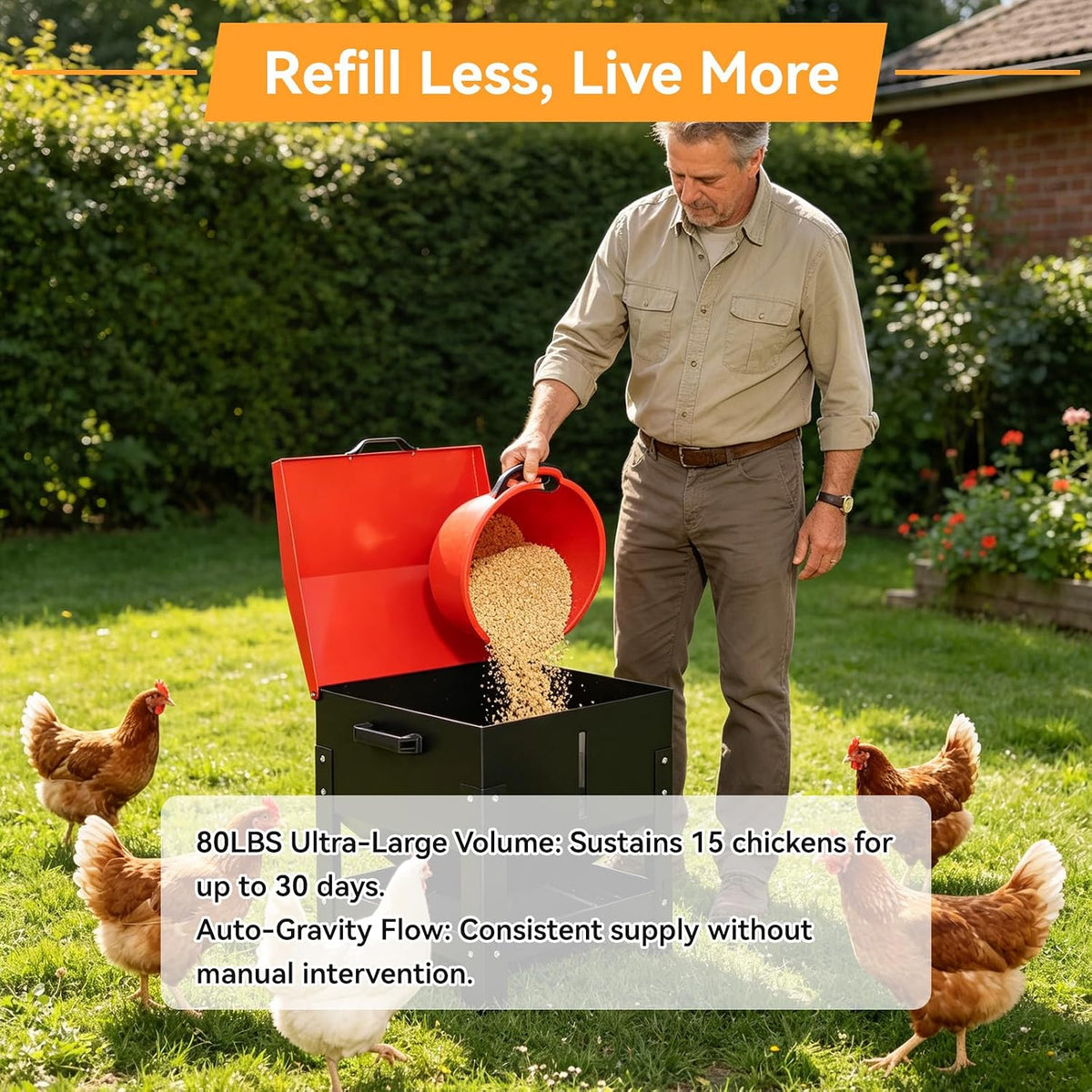 metal chicken feeder 80 lbs large capacity, automatic, side view