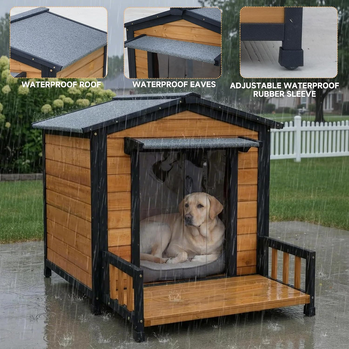 large dog house outdoor, wood weatherproof shelter with, close-up detail