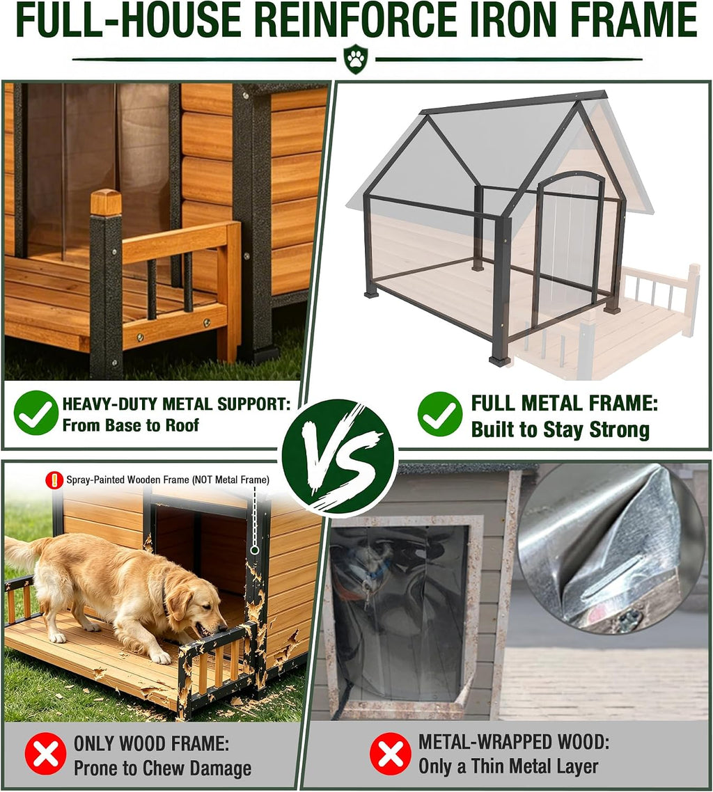 extra large heated dog house outdoor with iron, close-up detail