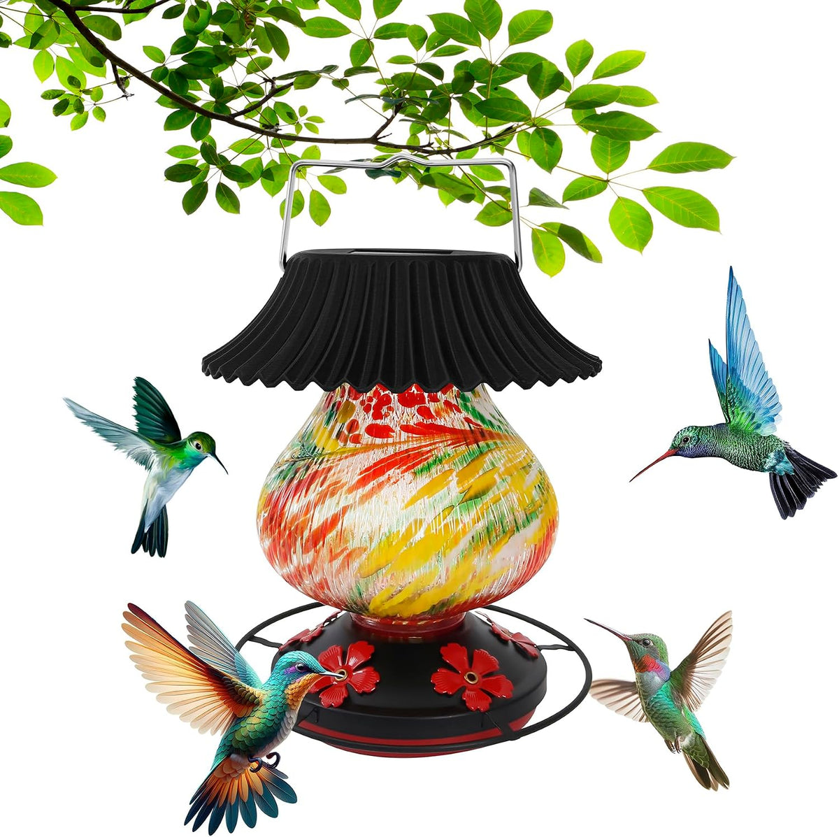 solar hummingbird feeder, hand blown glass multicolor night, main product view