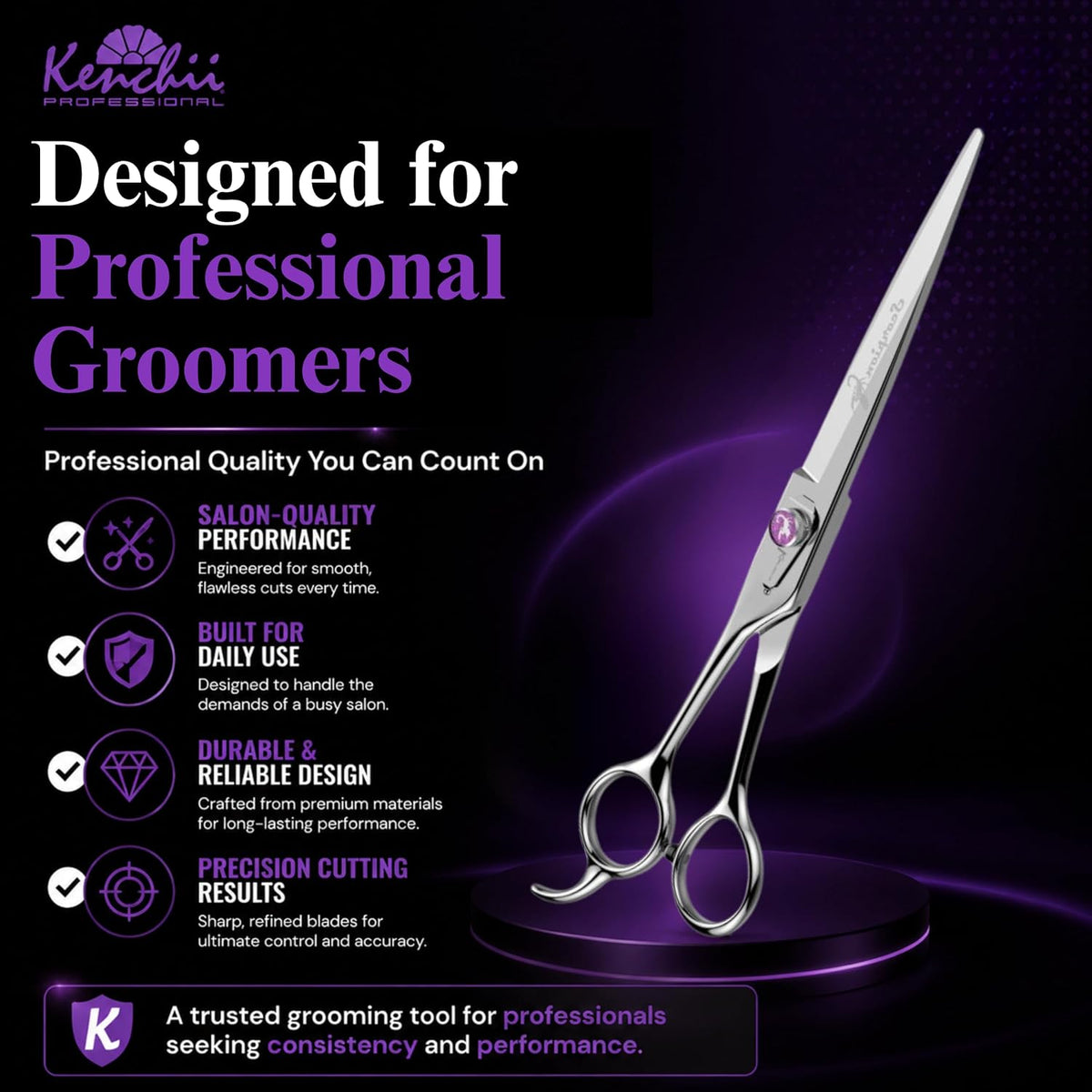 kenchii scorpion dog grooming scissors 8in straight, micro-serrated showing dimensions