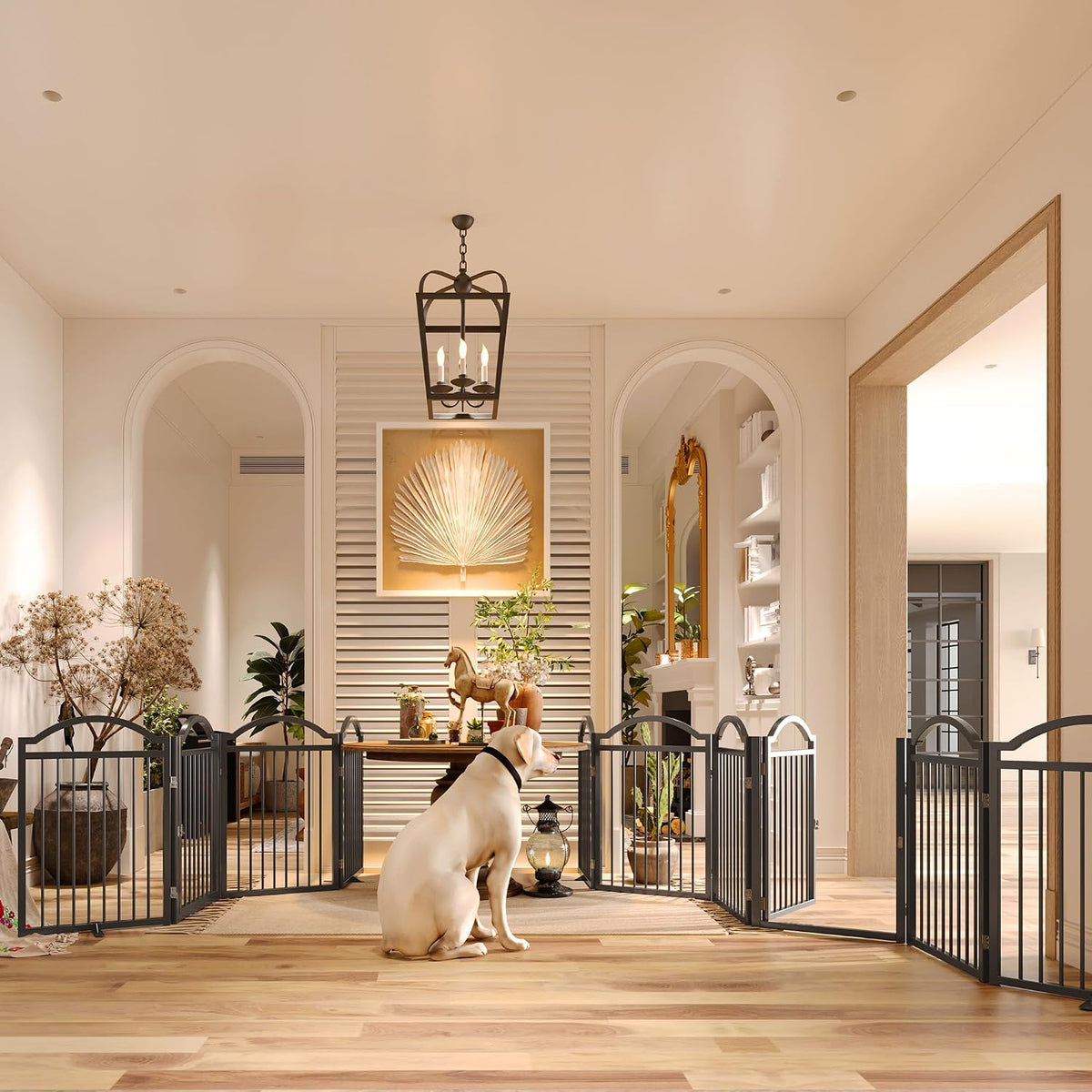 bhg metal no-assembly freestanding dog gate with door shown in use
