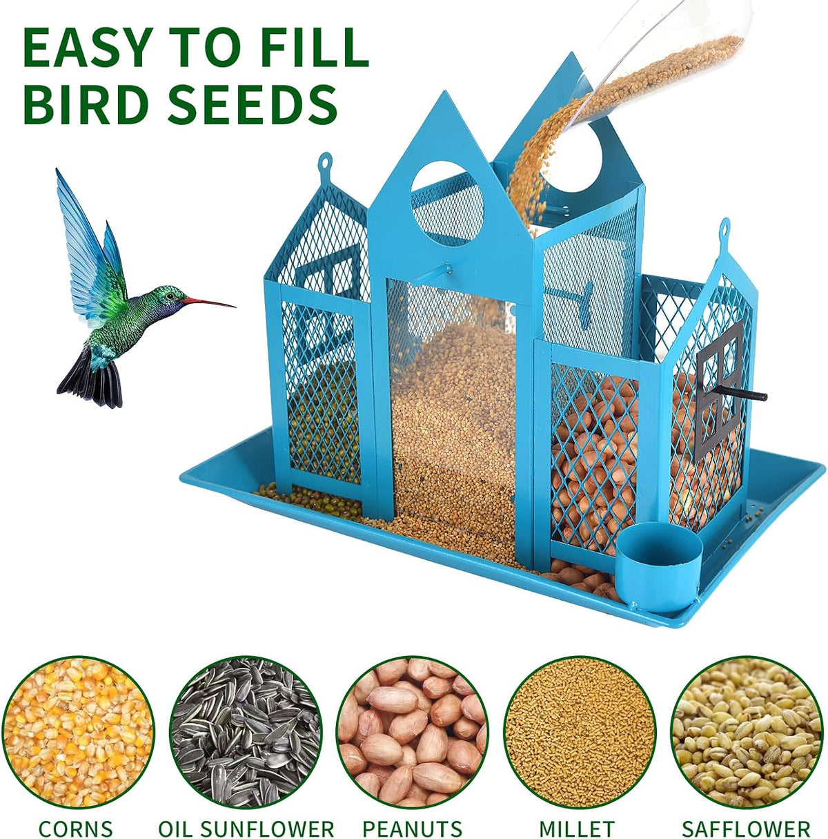 solar bird feeders house for outside hanging, metal showing dimensions