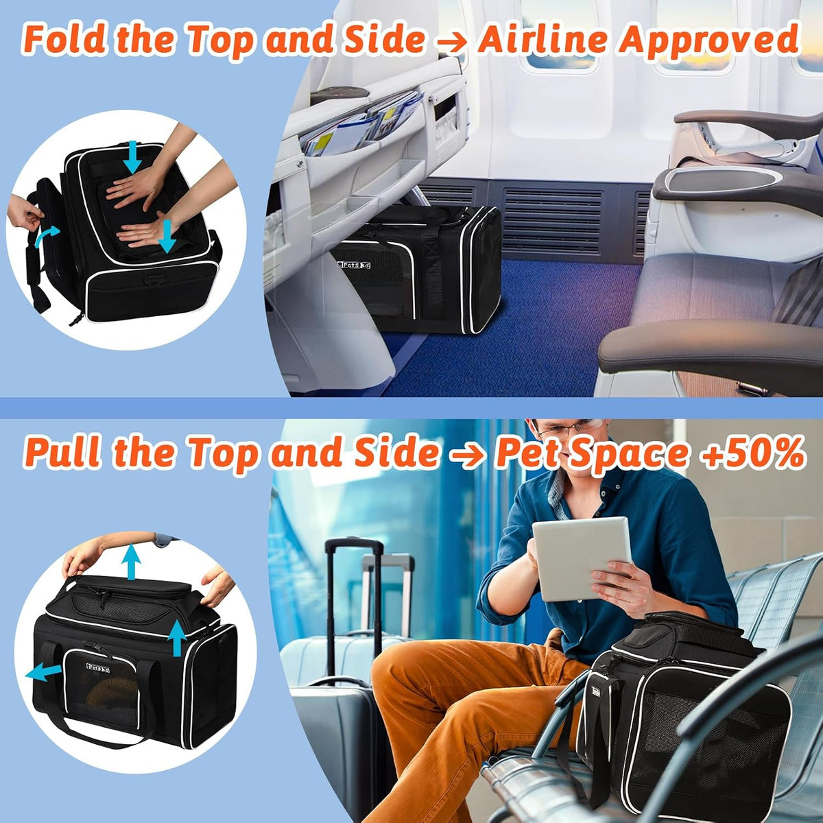 petskd top and side expandable small pet carrier shown in use