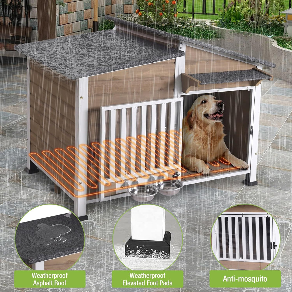 heated dog house for outdoor use with matel showing dimensions