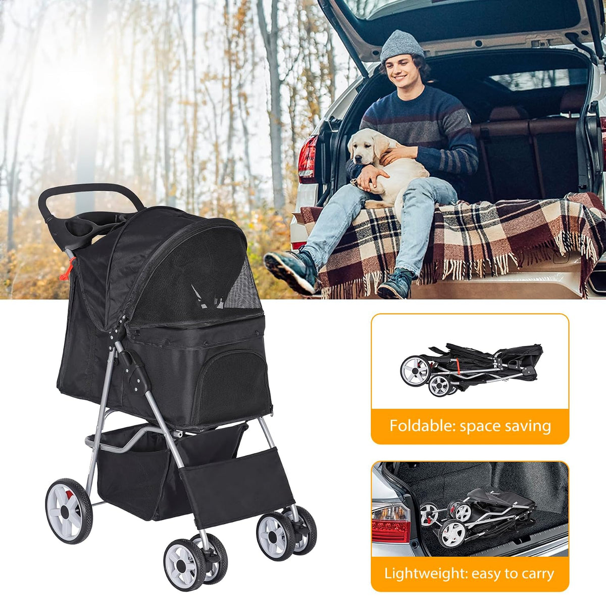 pet stroller for dogs, black 4 wheels cat showing dimensions