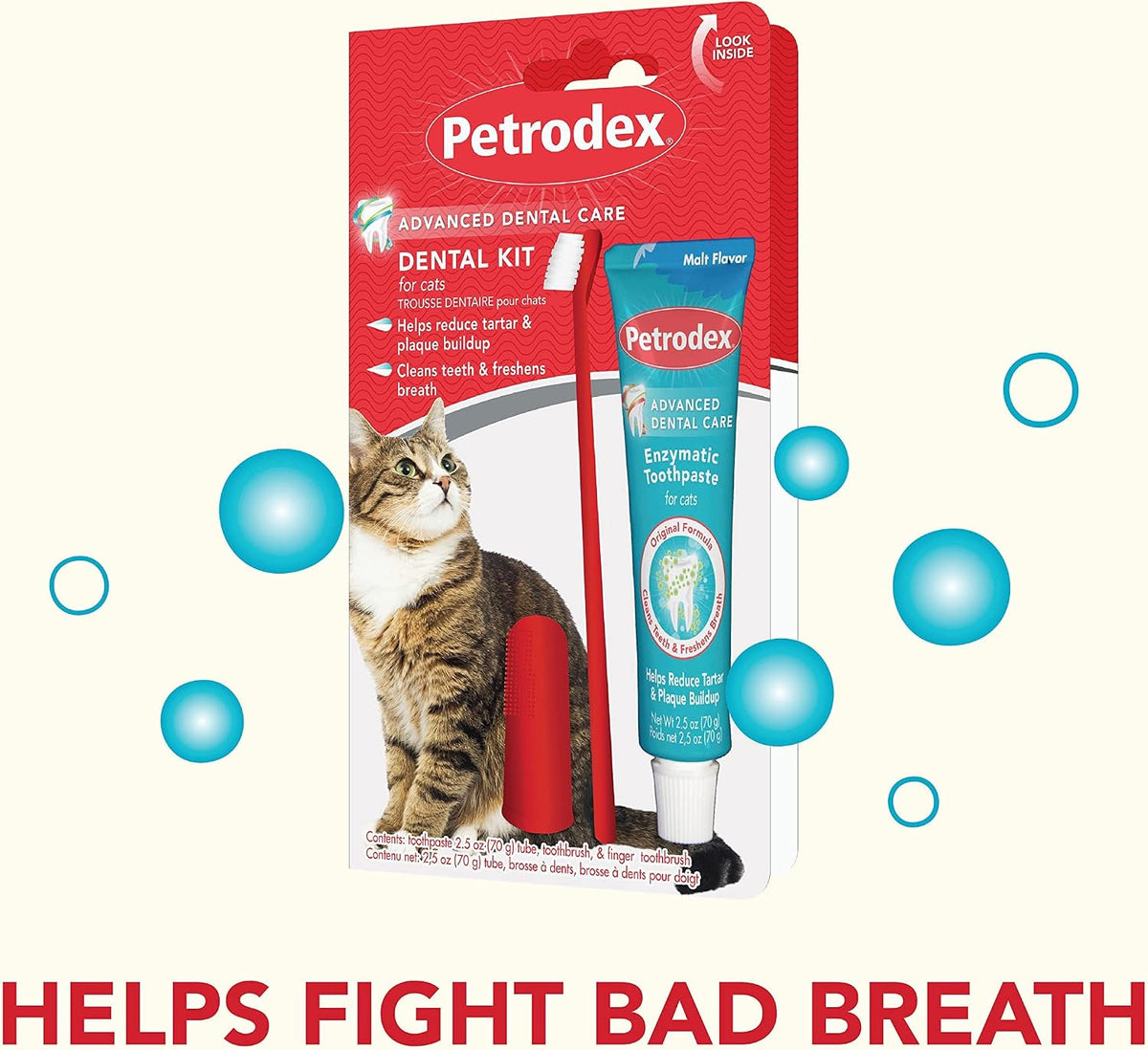 petrodex dental care kit for cats, cat toothbrush shown in use