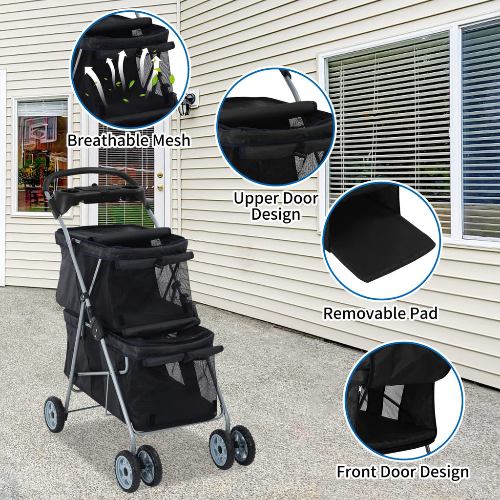 dog stroller 4 wheels cat strollers double layer, side view