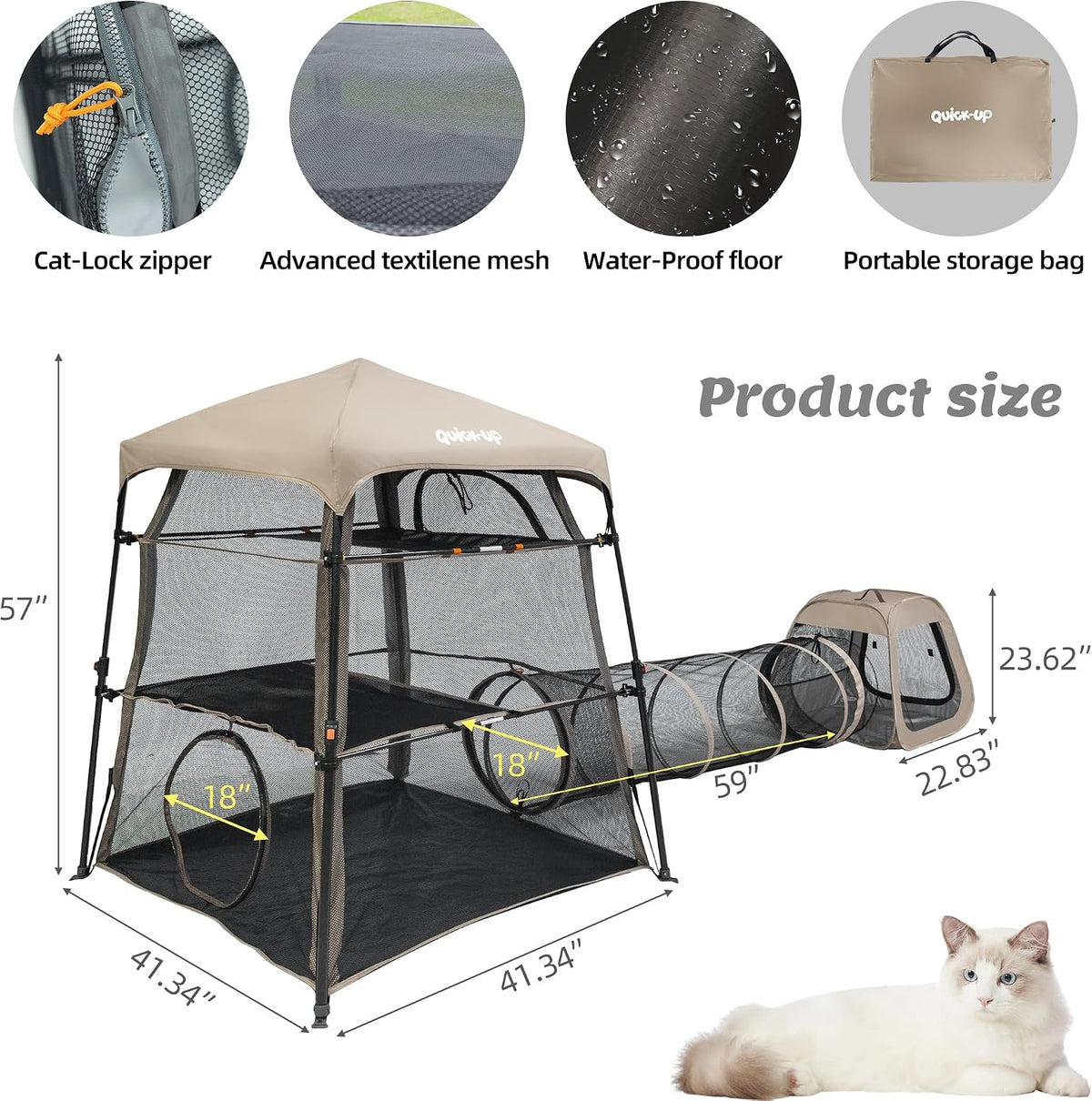 3 in 1 portable cat enclosures with tunnel showing dimensions