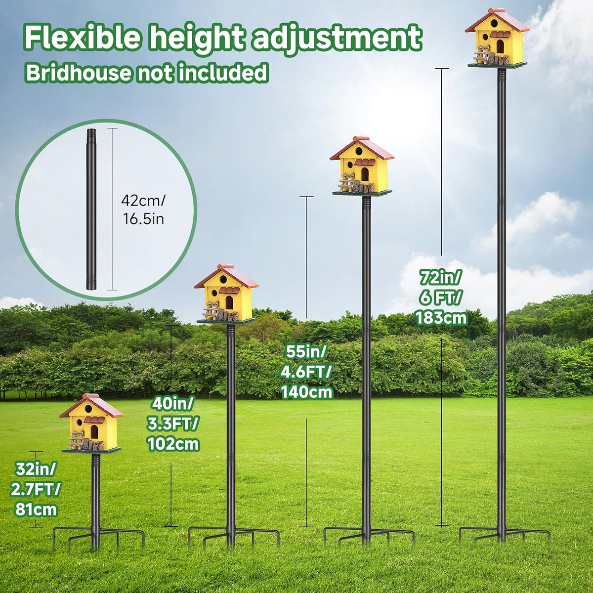 proerr smart bird feeder pole stand 79in,adjustable height showing dimensions