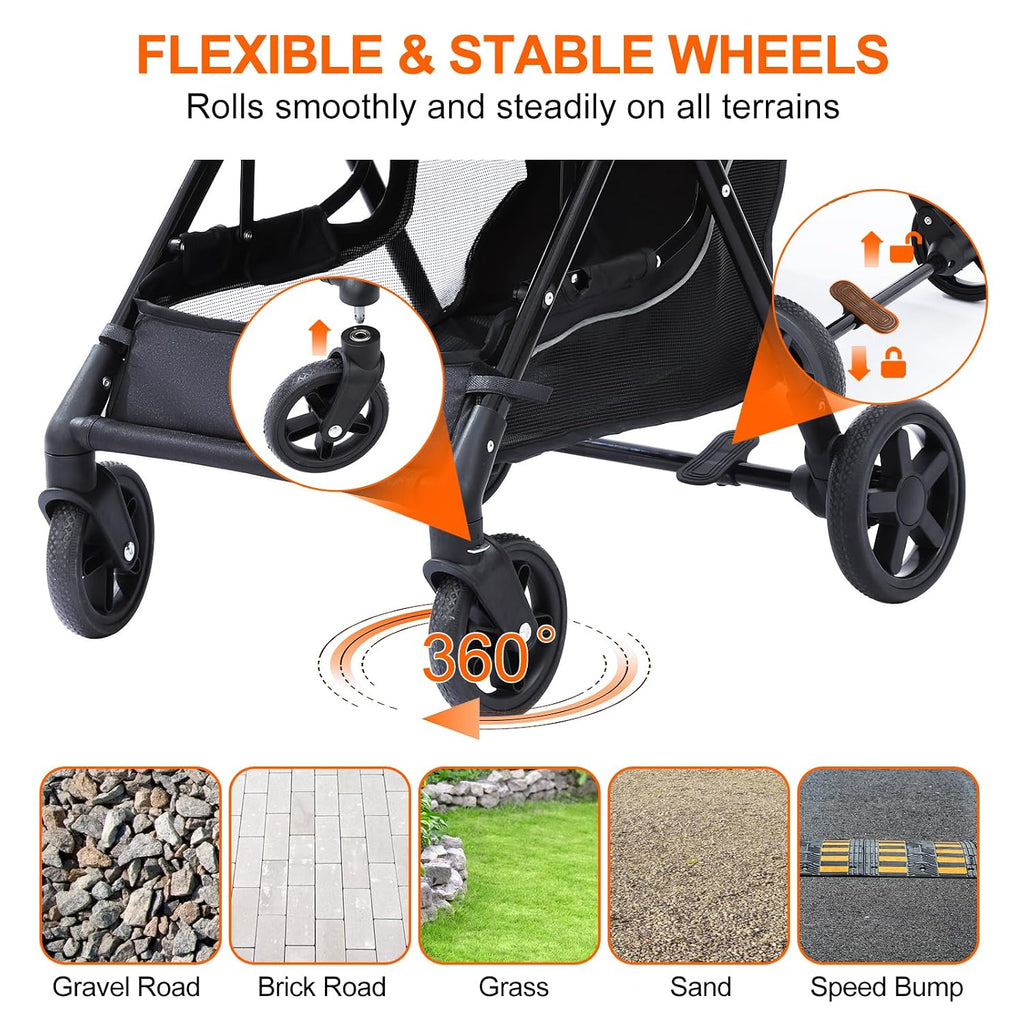 dog stroller with no-zip buckle canopy, fits 2, side view