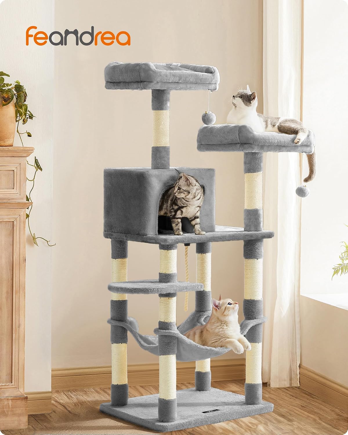feandrea cat tree, 55.8-inch large cat tower, multi-level shown in use