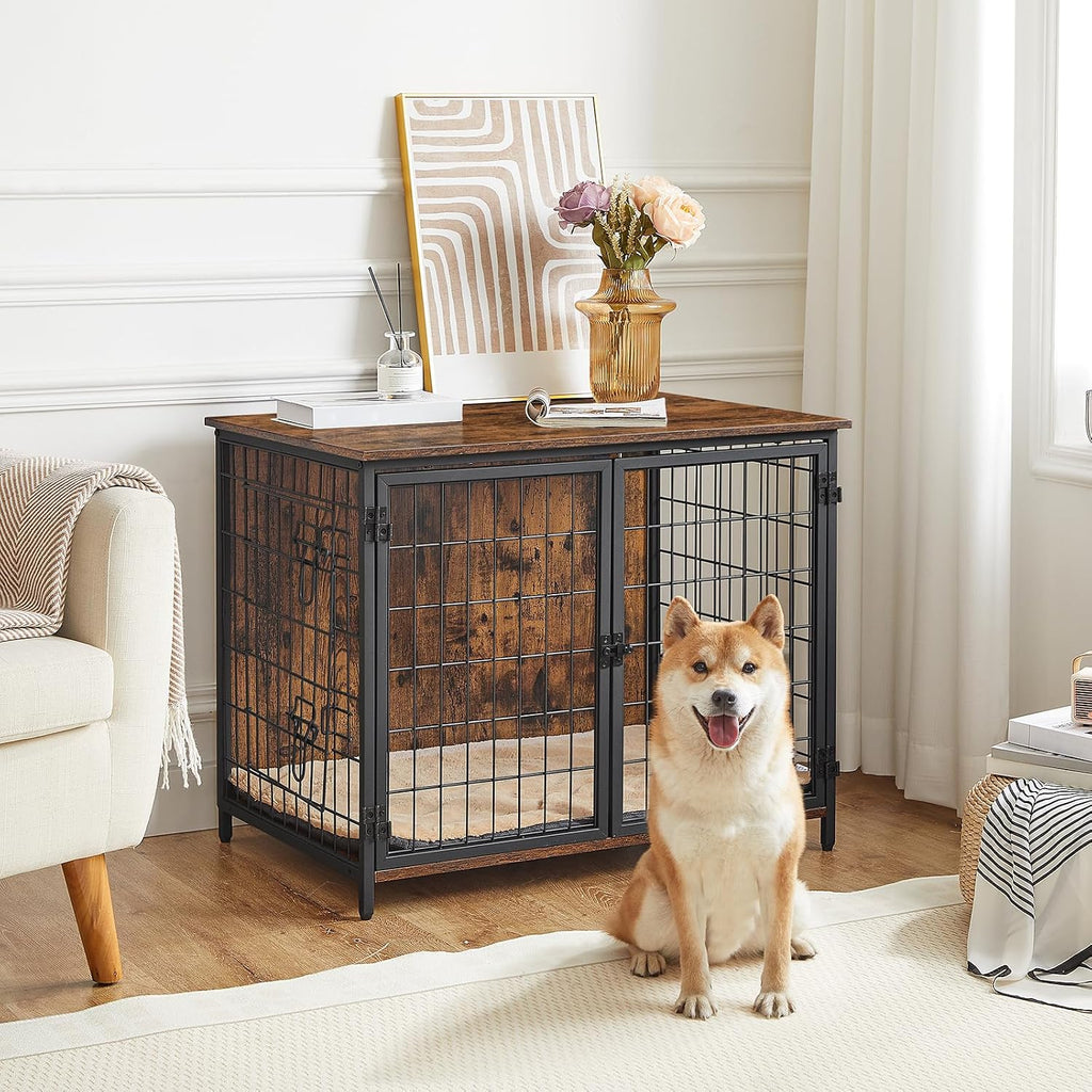 mahancris dog crate furniture with cushion, wooden dog shown in use