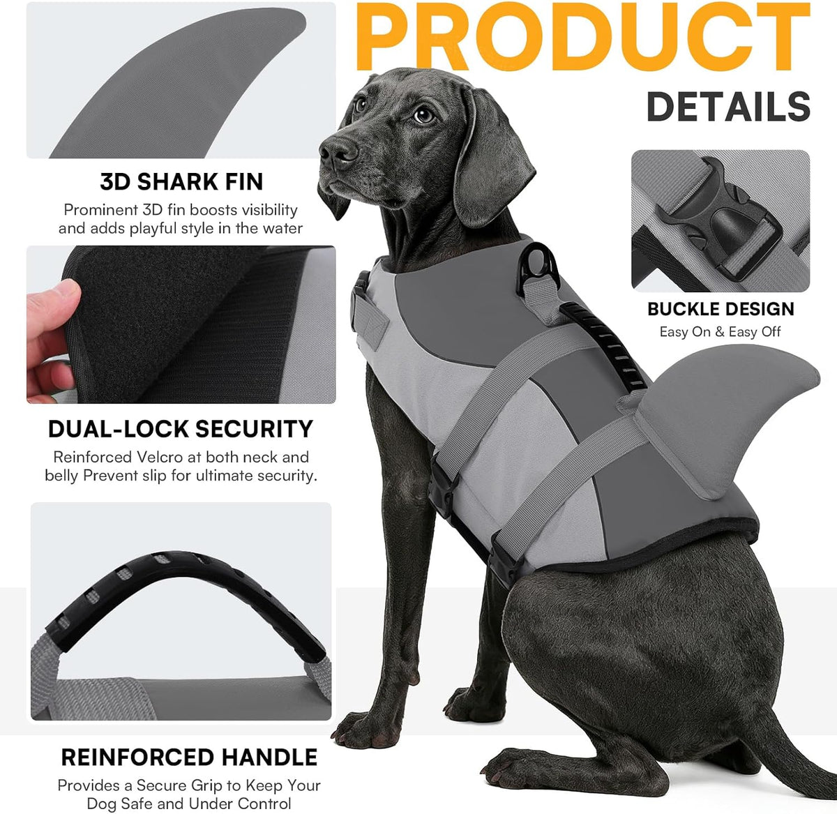 queenmore dog life jacket, cute shark dog life, close-up detail