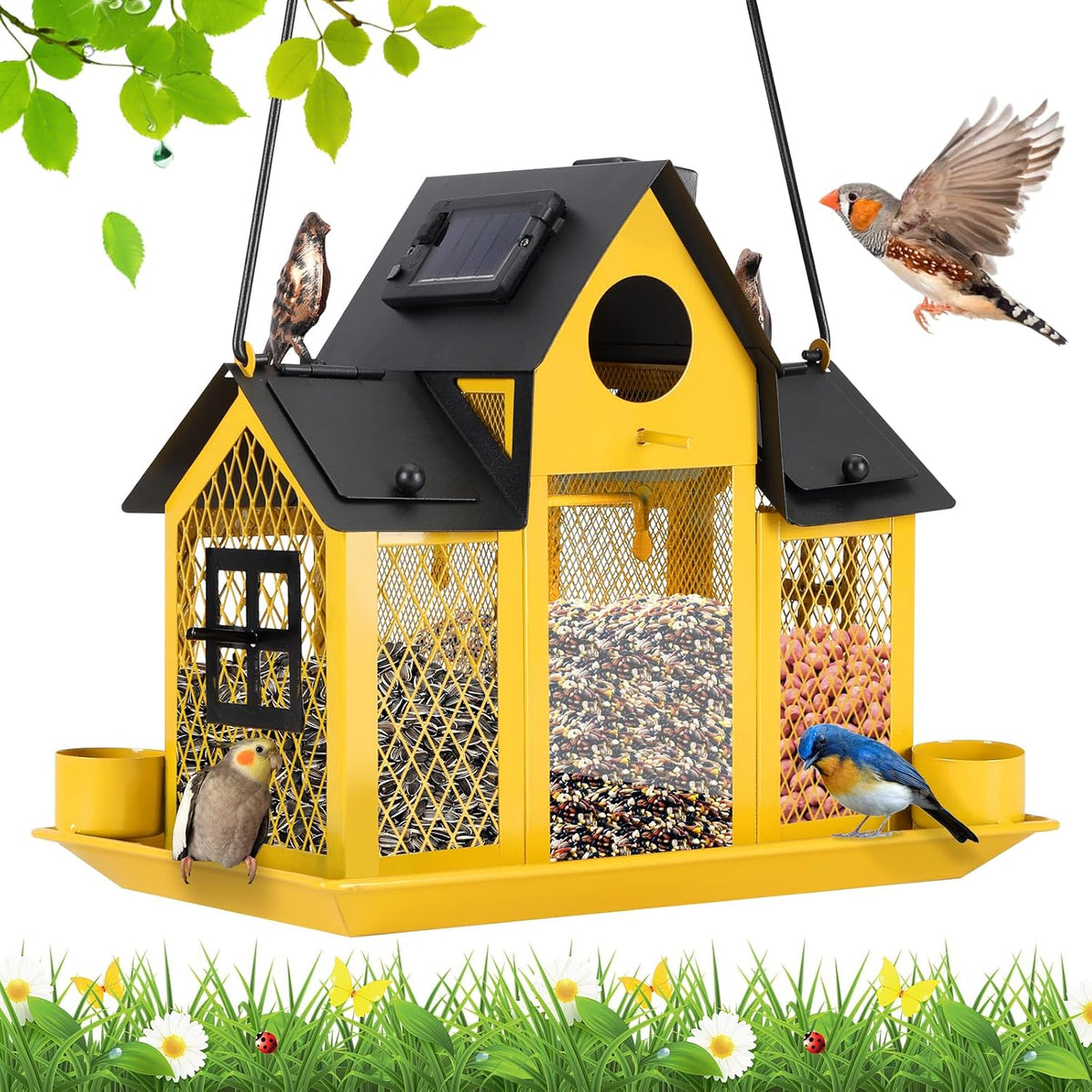 solar bird feeders house for outside hanging, metal, main product view