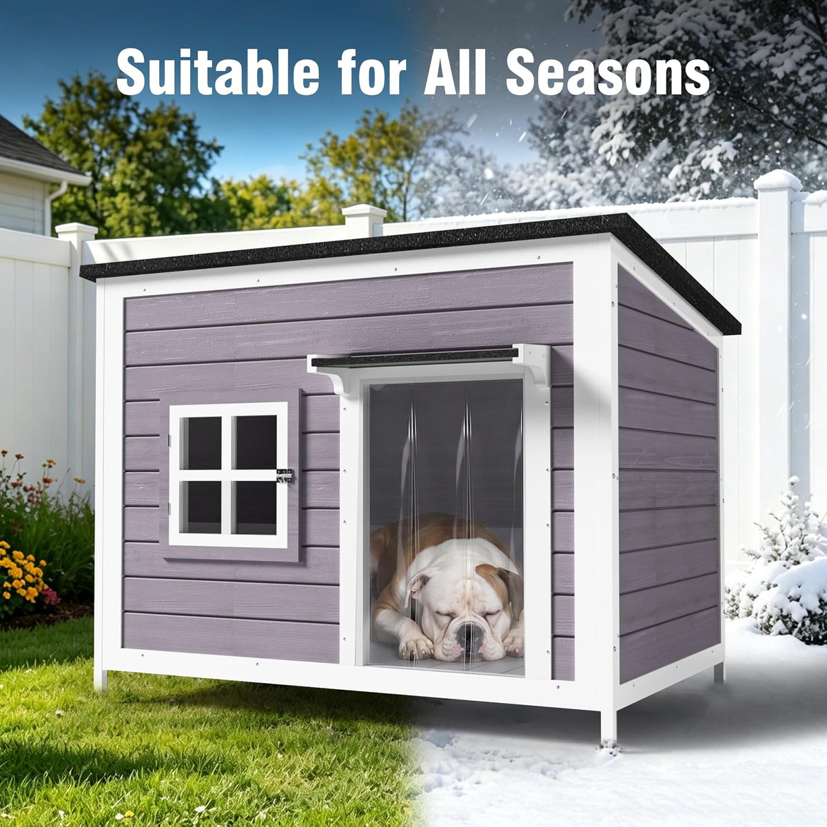 43" insulated large outdoor dog house, grey showing dimensions