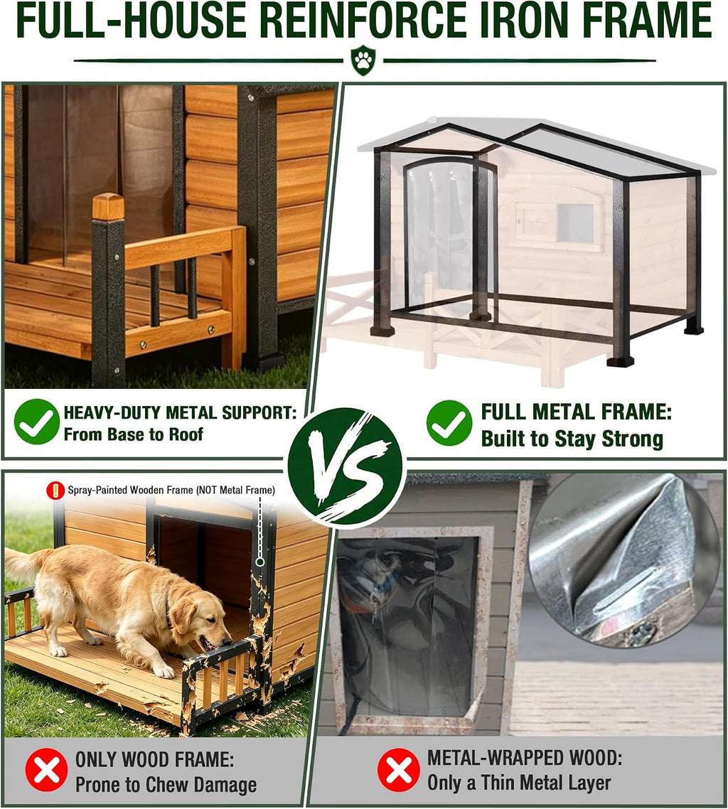 gutinneen heated dog house for outside iron frame shown in use