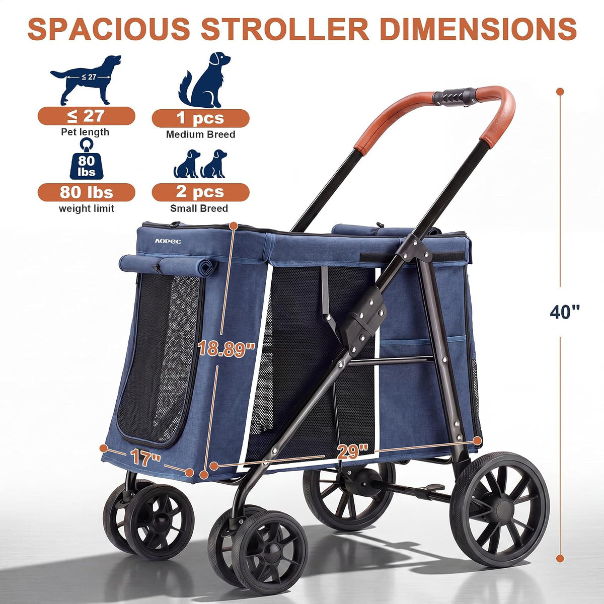 medium dog stroller, dual entry one-touch folding,small and shown in use