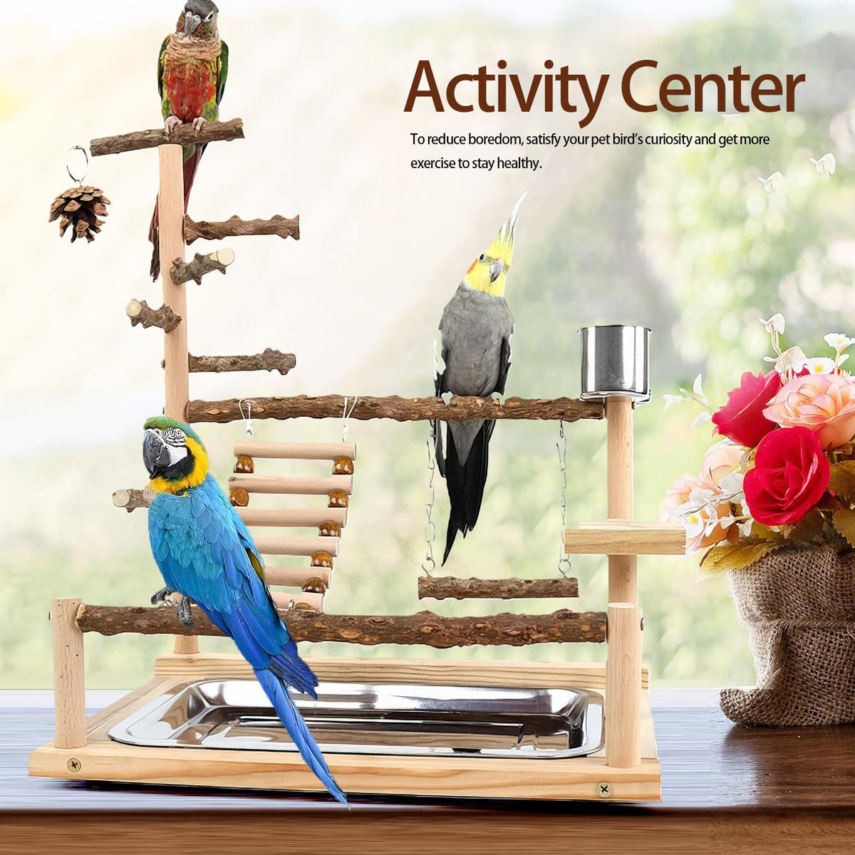 bird playground, parrot perch stand, natural wood bird shown in use