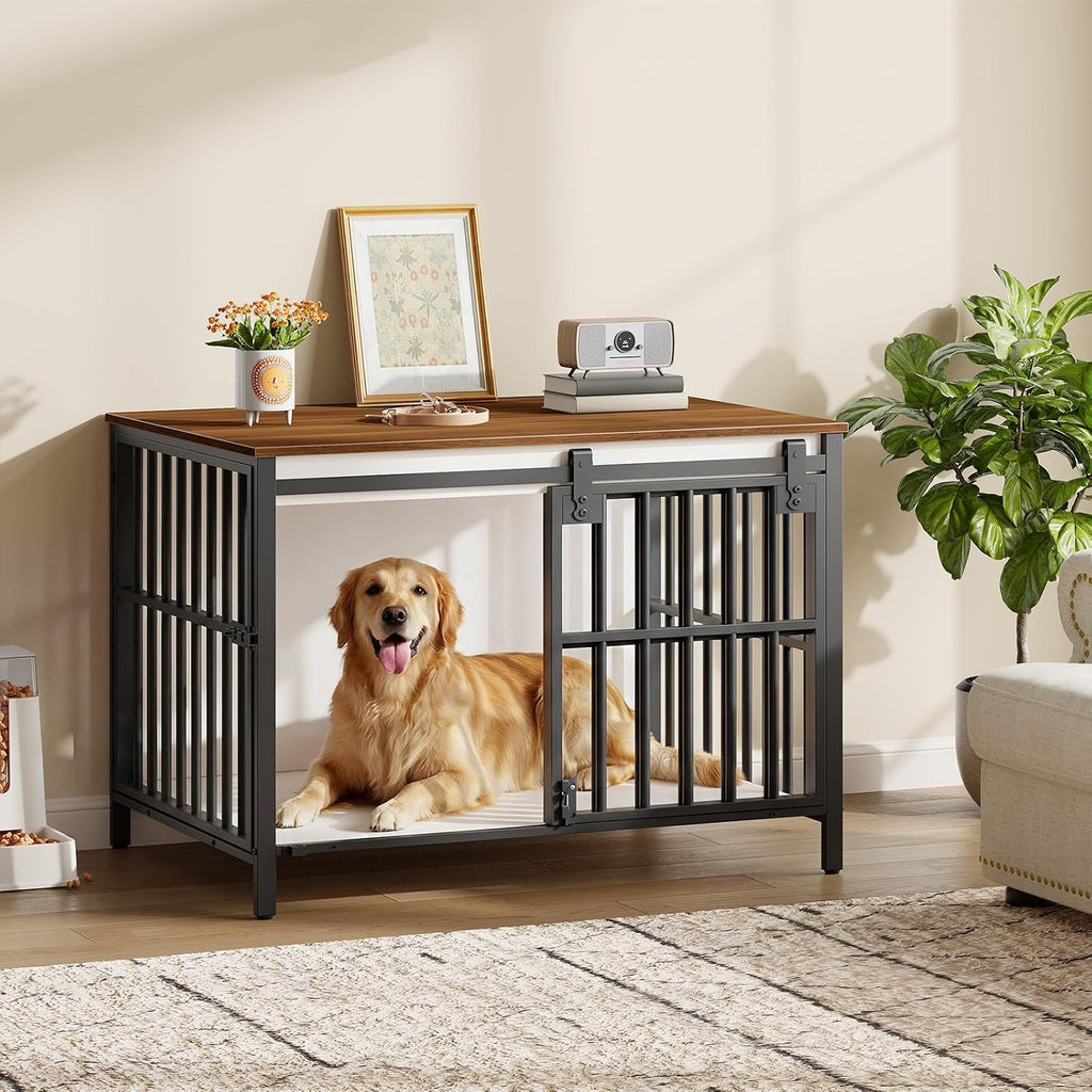 hoobro dog crate furniture with sliding barn door shown in use