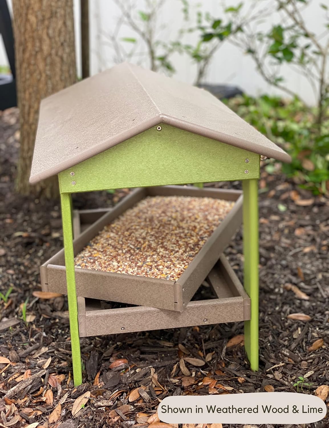 dutchcrafters plastic poly covered platform ground bird feeder, close-up detail