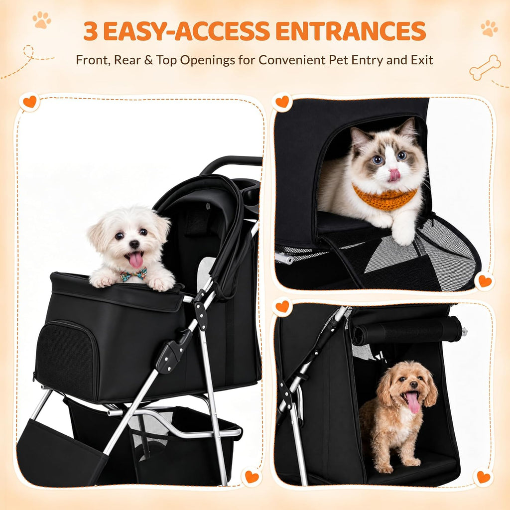 zeny foldable pet stroller, cat/dog stroller with 4, front angle view