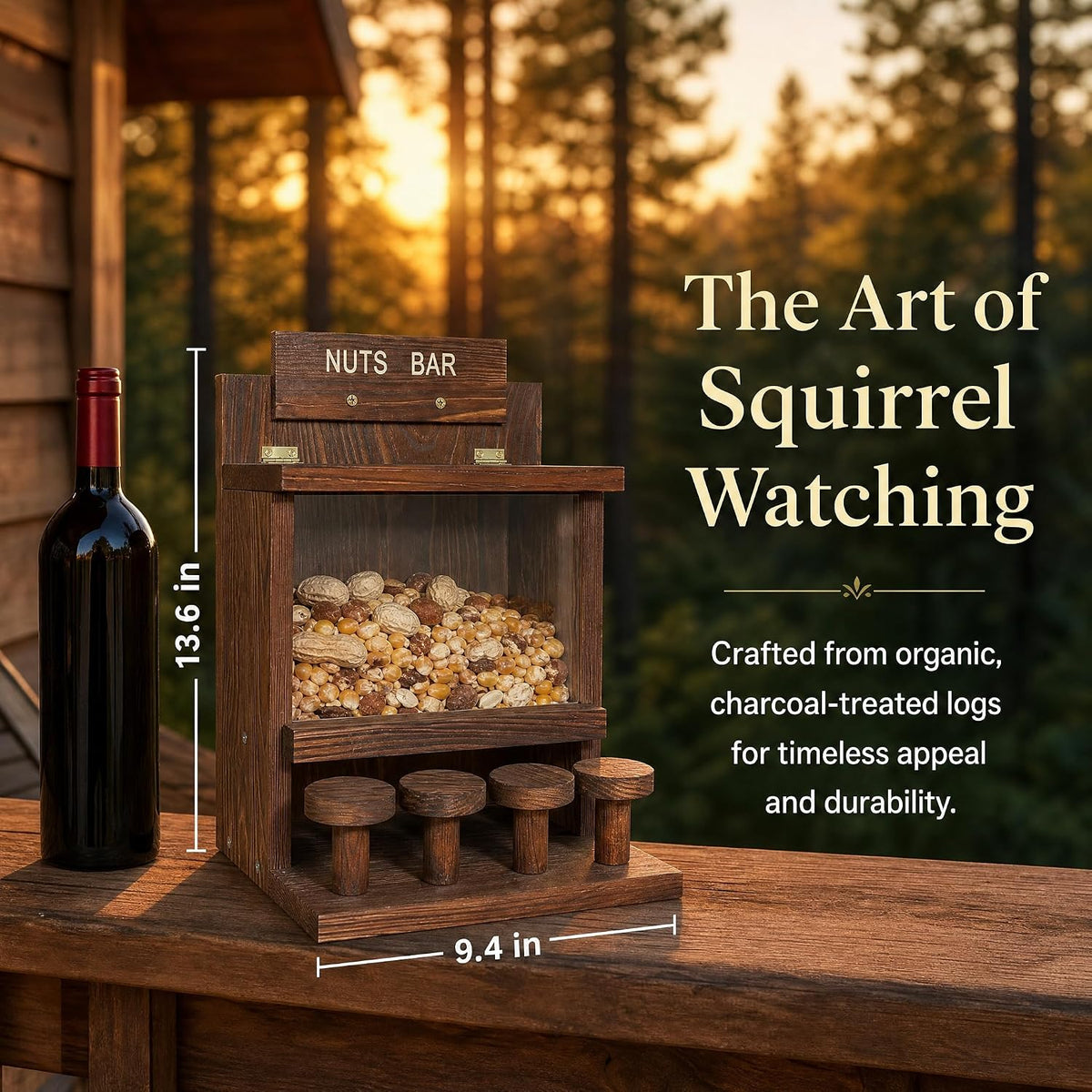 wooden squirrel feeder, squirrel bar feeder with 4 showing dimensions