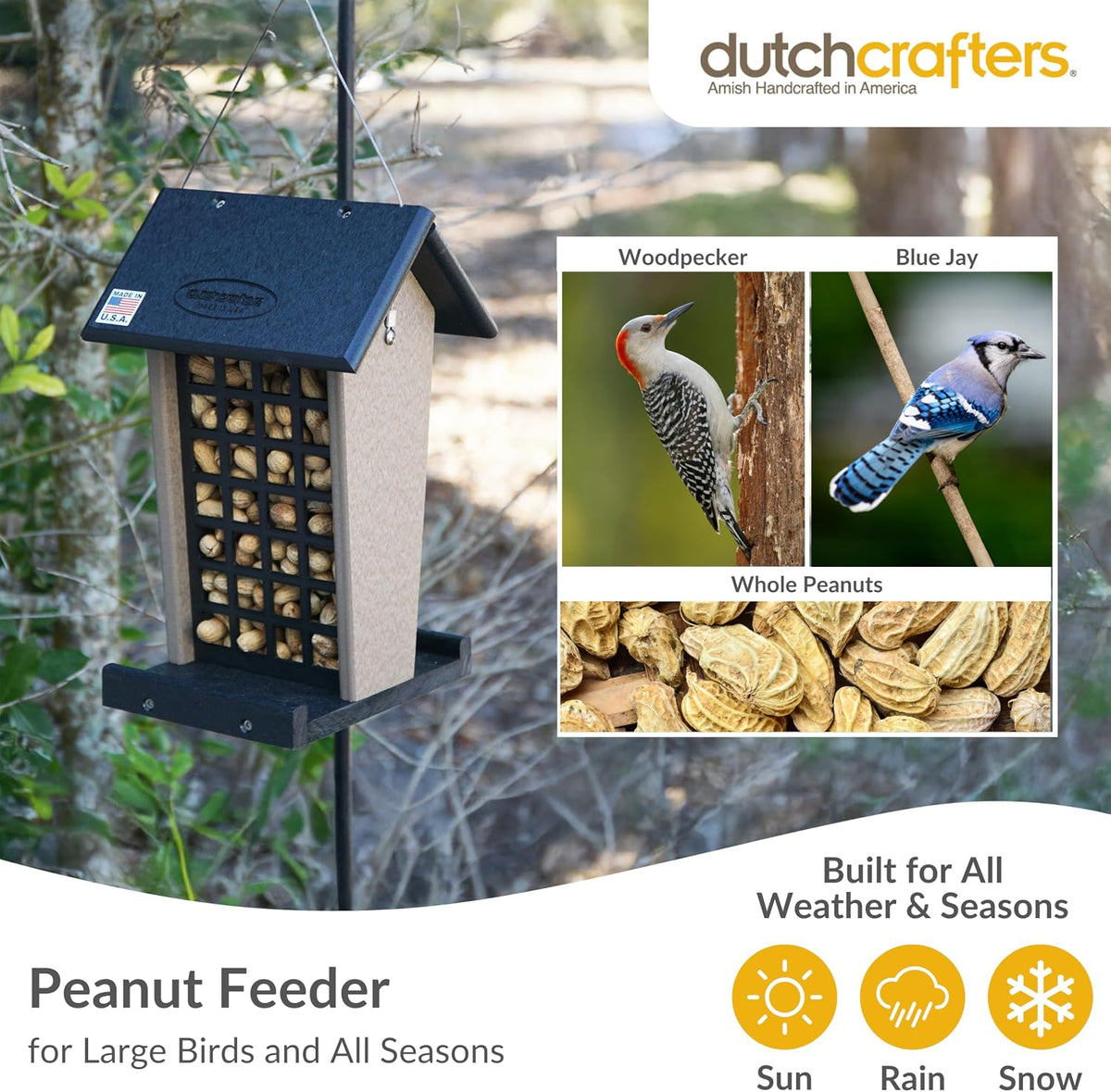 dutchcrafters plastic poly hanging whole peanut bird feeder showing dimensions