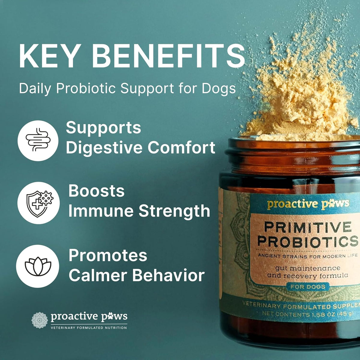 proactive paws primitive probiotics for dogs, 90 scoops shown in use