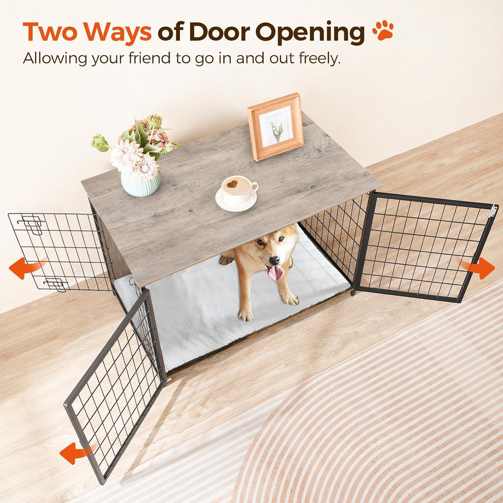 mahancris dog crate furniture with cushion, wooden dog showing dimensions