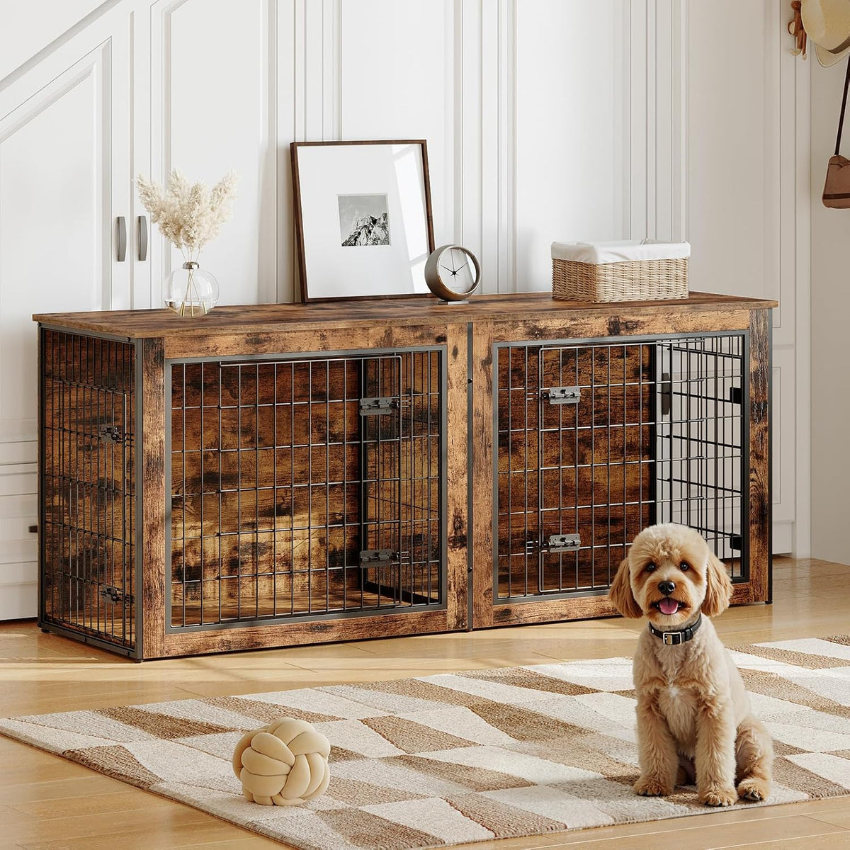 hoobro dog crate furniture for 2 dogs, 63" on a desk or shelf