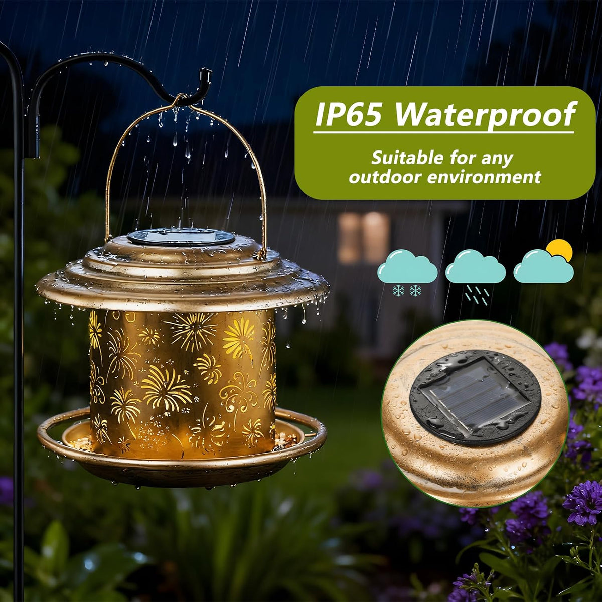 solar bird feeders for outdoors, weatherproof metal bird, side view