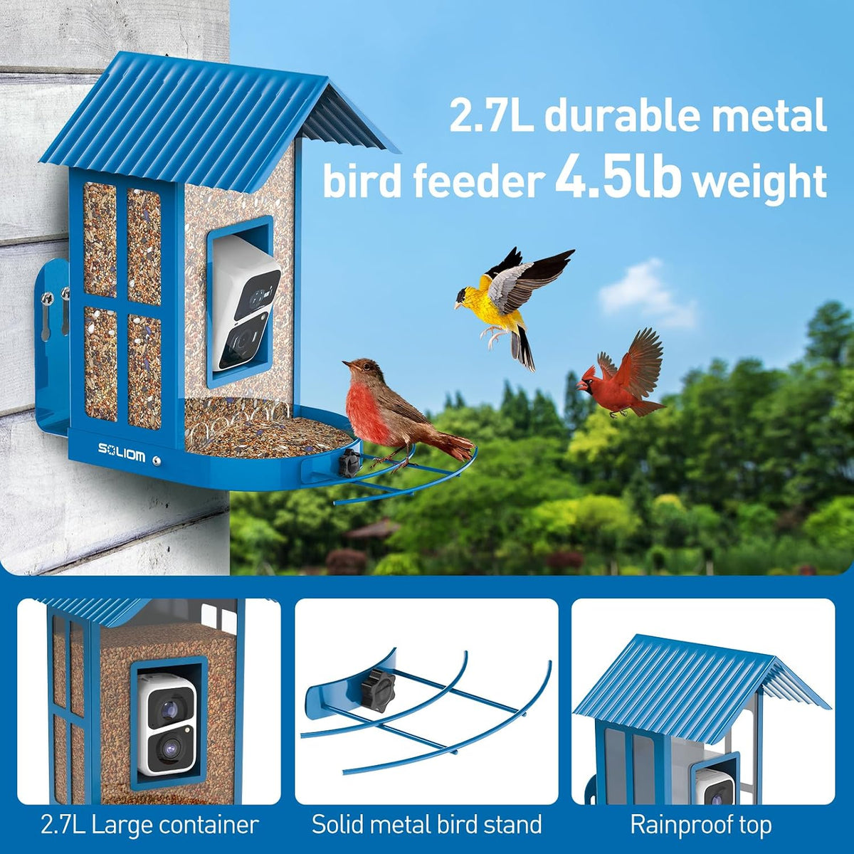 soliom bf08 smart bird feeder with camera,2.7l capacity, close-up detail