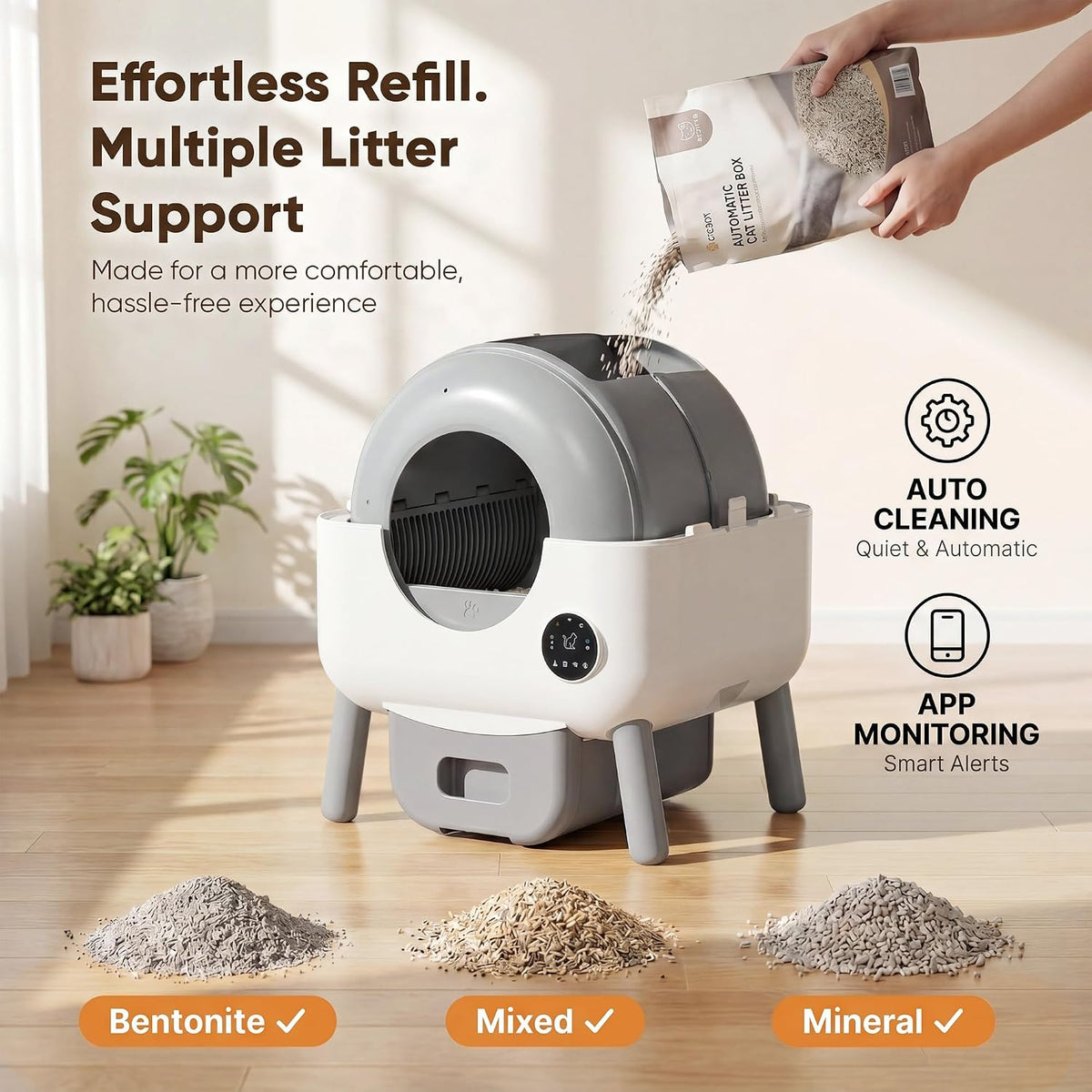 greesum self-cleaning cat litter box with app control, side view