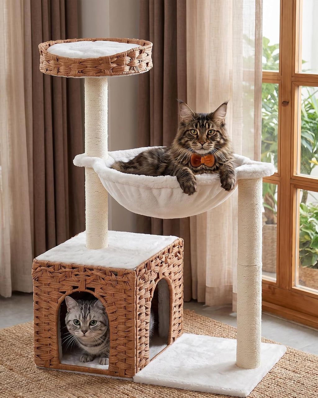34" modern cat tree with large hammock, extra-long, front angle view