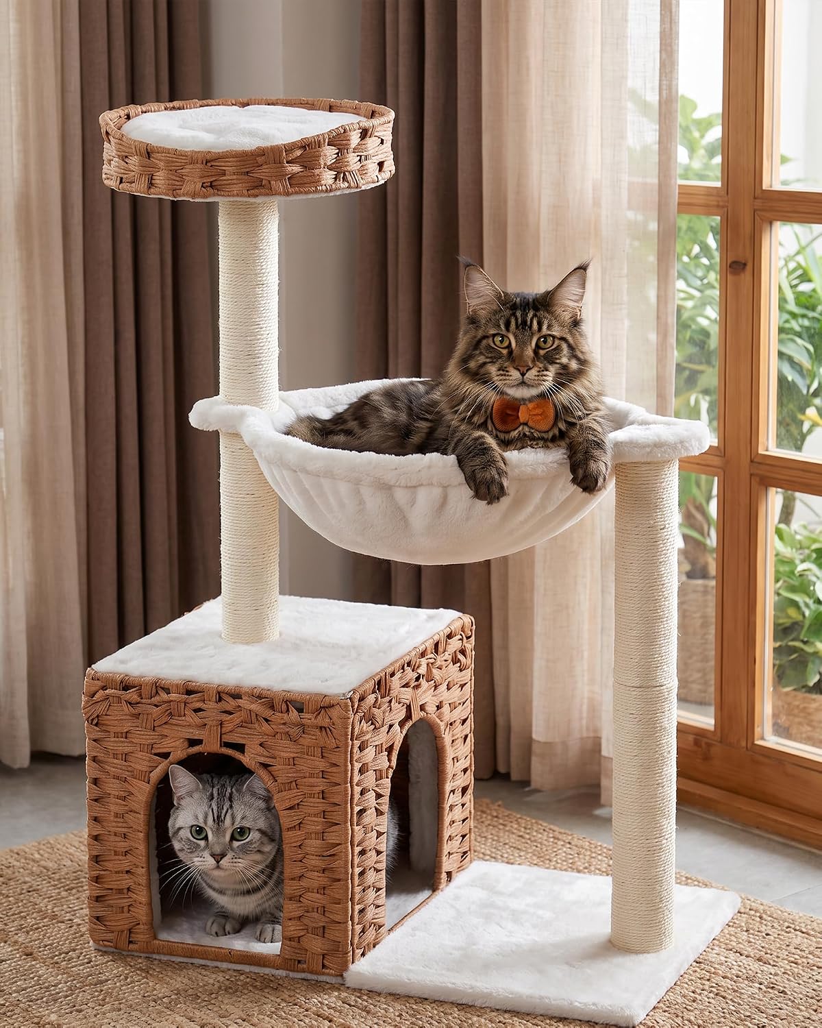 34" modern cat tree with large hammock, extra-long, front angle view