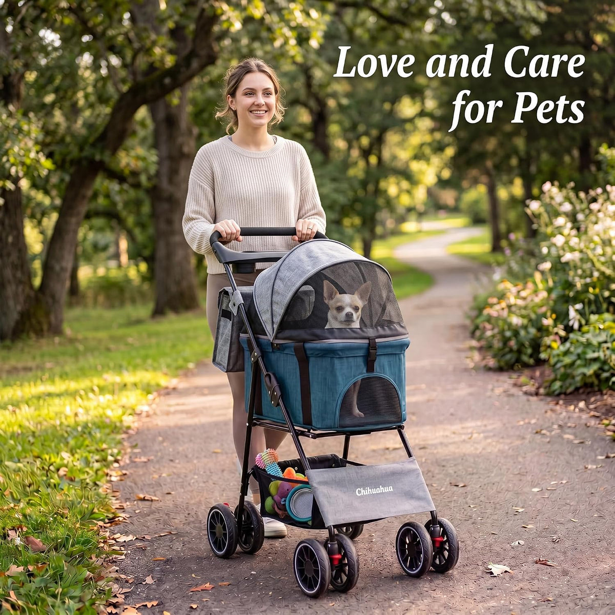 2-in-1 foldable pet stroller 4-wheel for small dogs shown in use