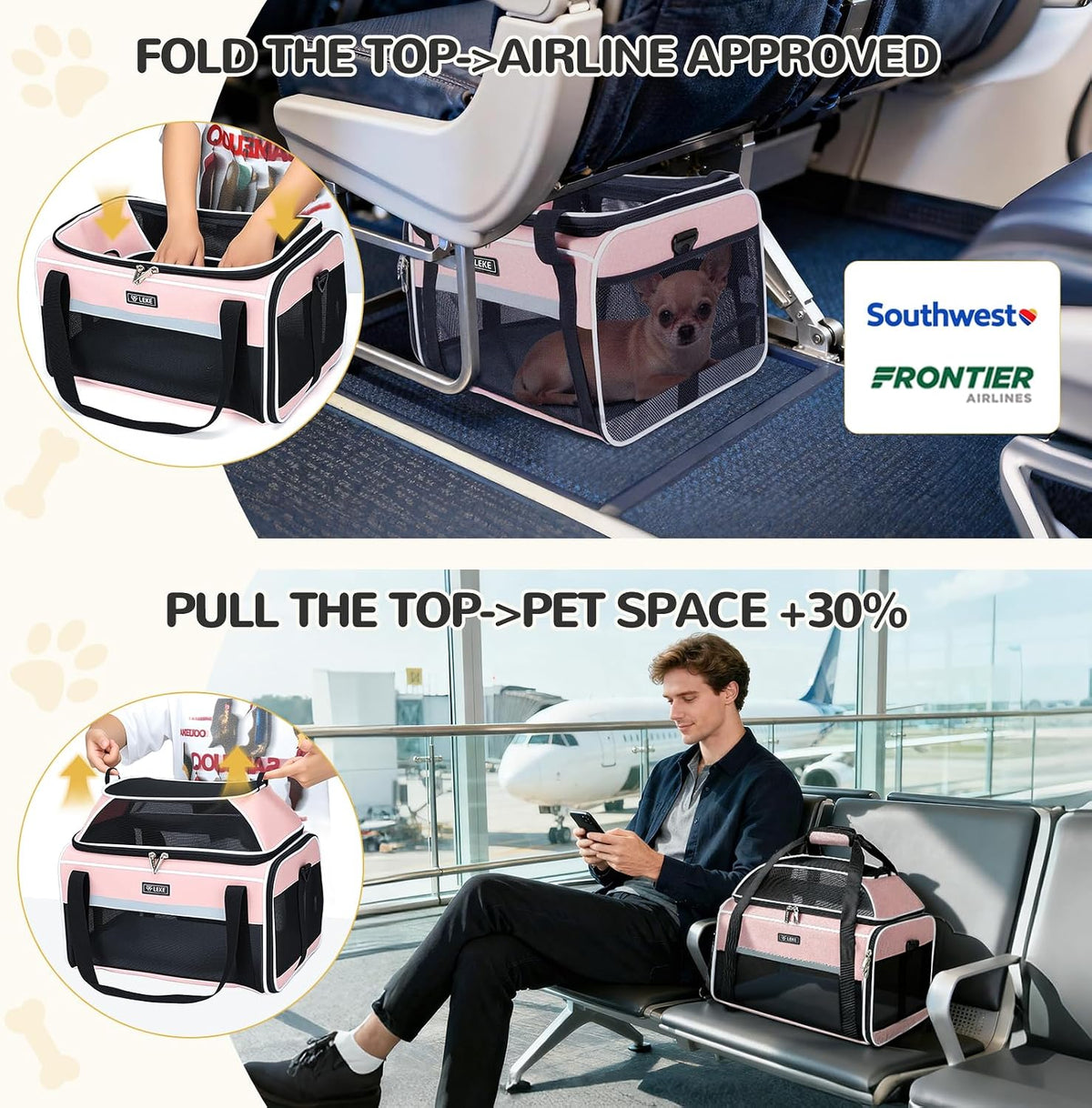 lekereise top-expandable pet carrier 18x13x9.5 inch southwest frontier showing dimensions