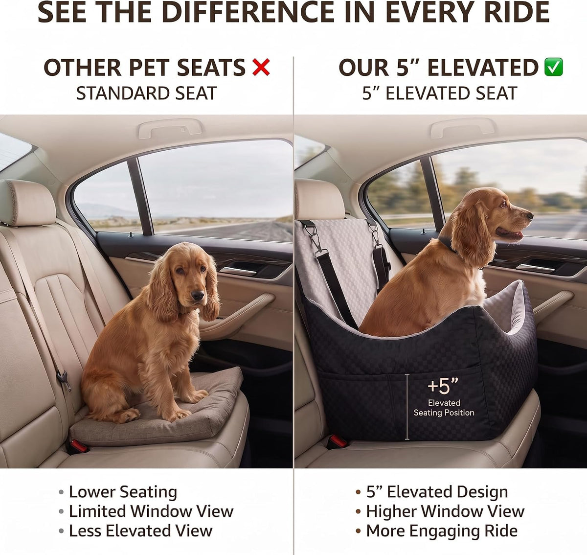 dog car seat, 5" elevated cushion, front/back seat, close-up detail