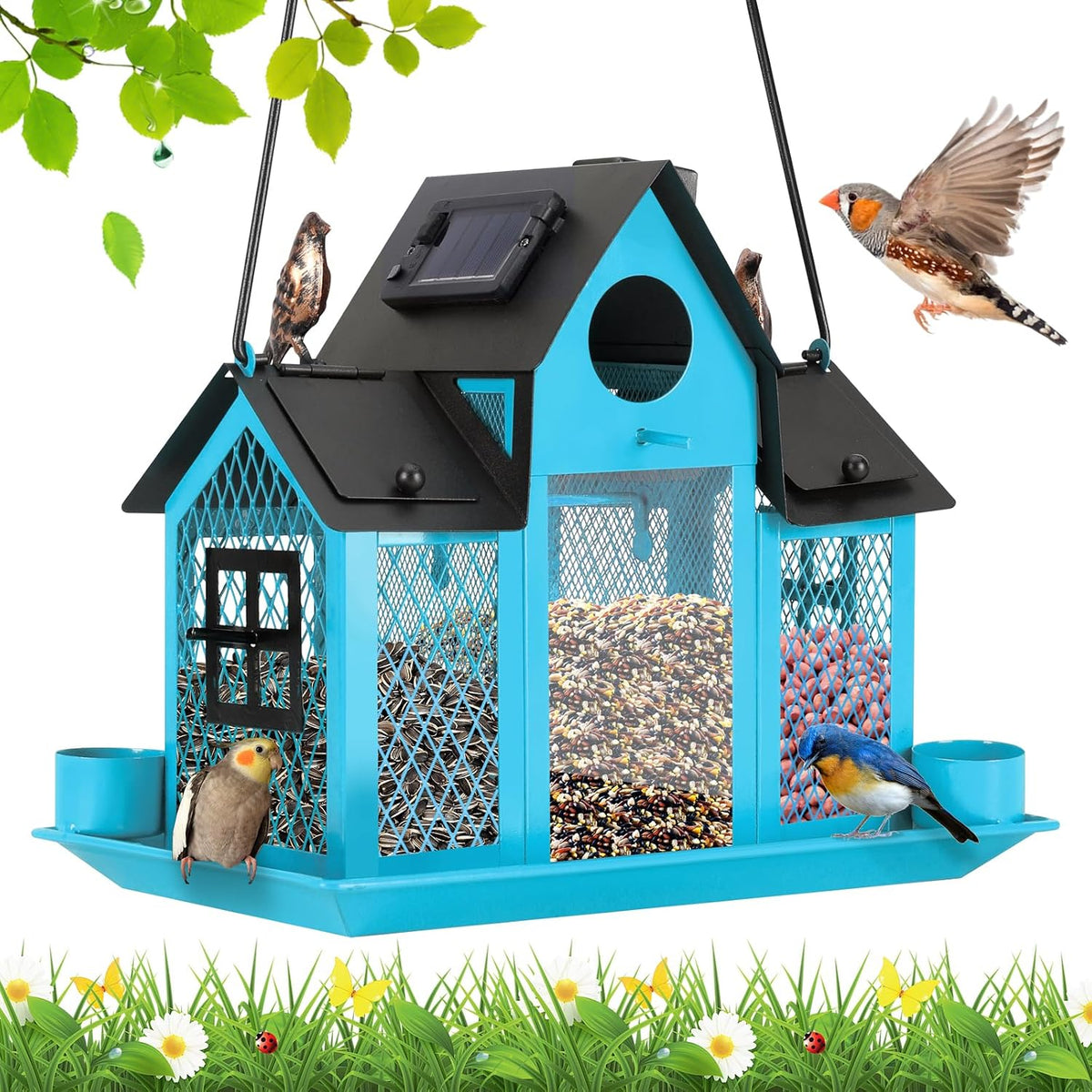 solar bird feeders house for outside hanging, metal, main product view