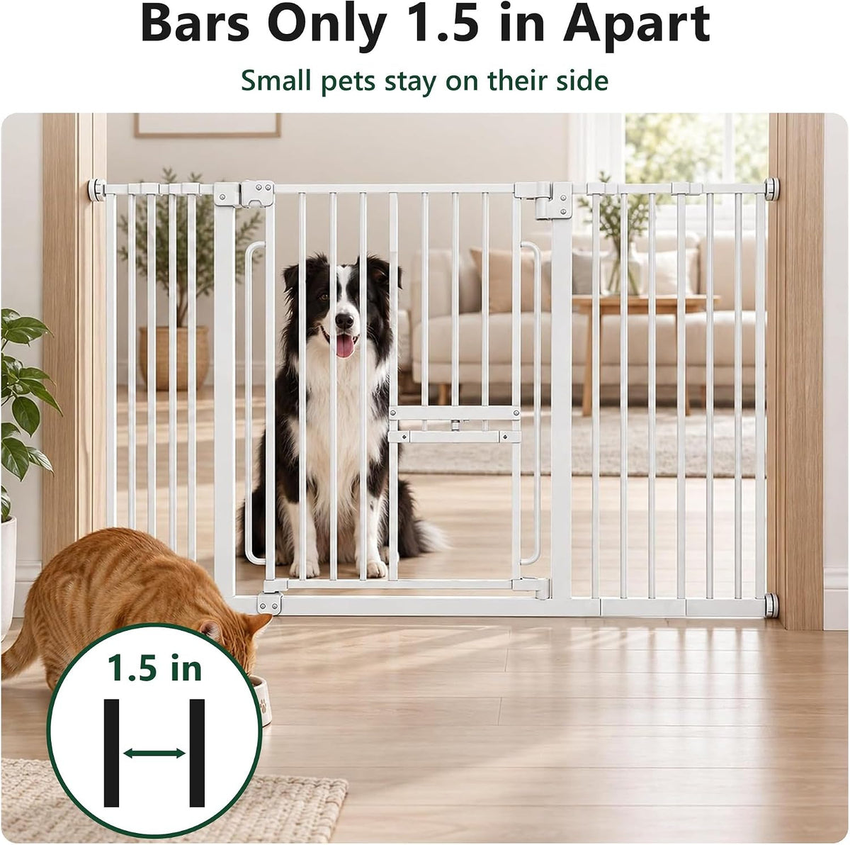 dog gate with adjustable cat door, 29.5-42.5 in showing dimensions