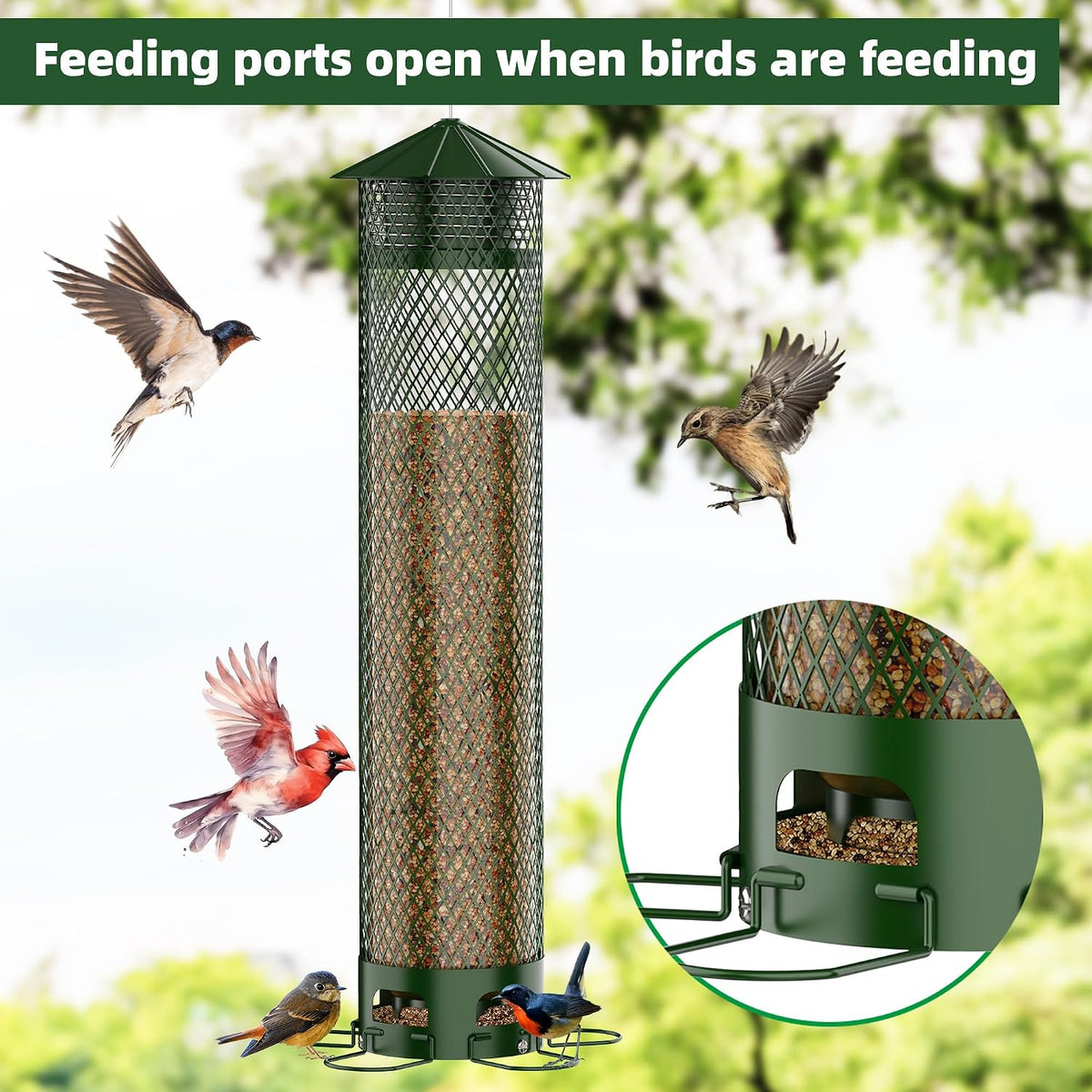 metal squirrel proof bird feeders for outdoors hanging, close-up detail