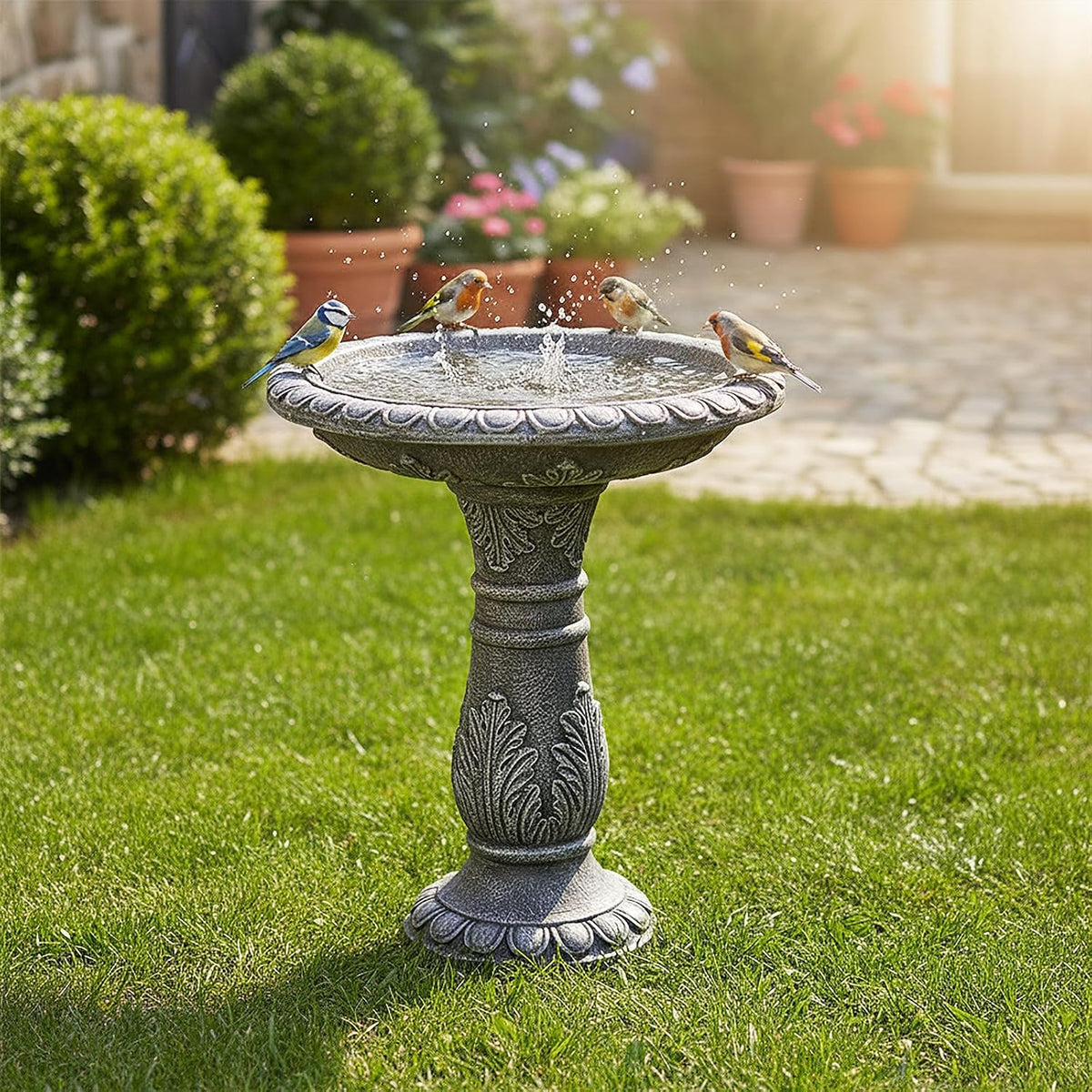 skyfire 24.4" h cement bird bath for garden, close-up detail