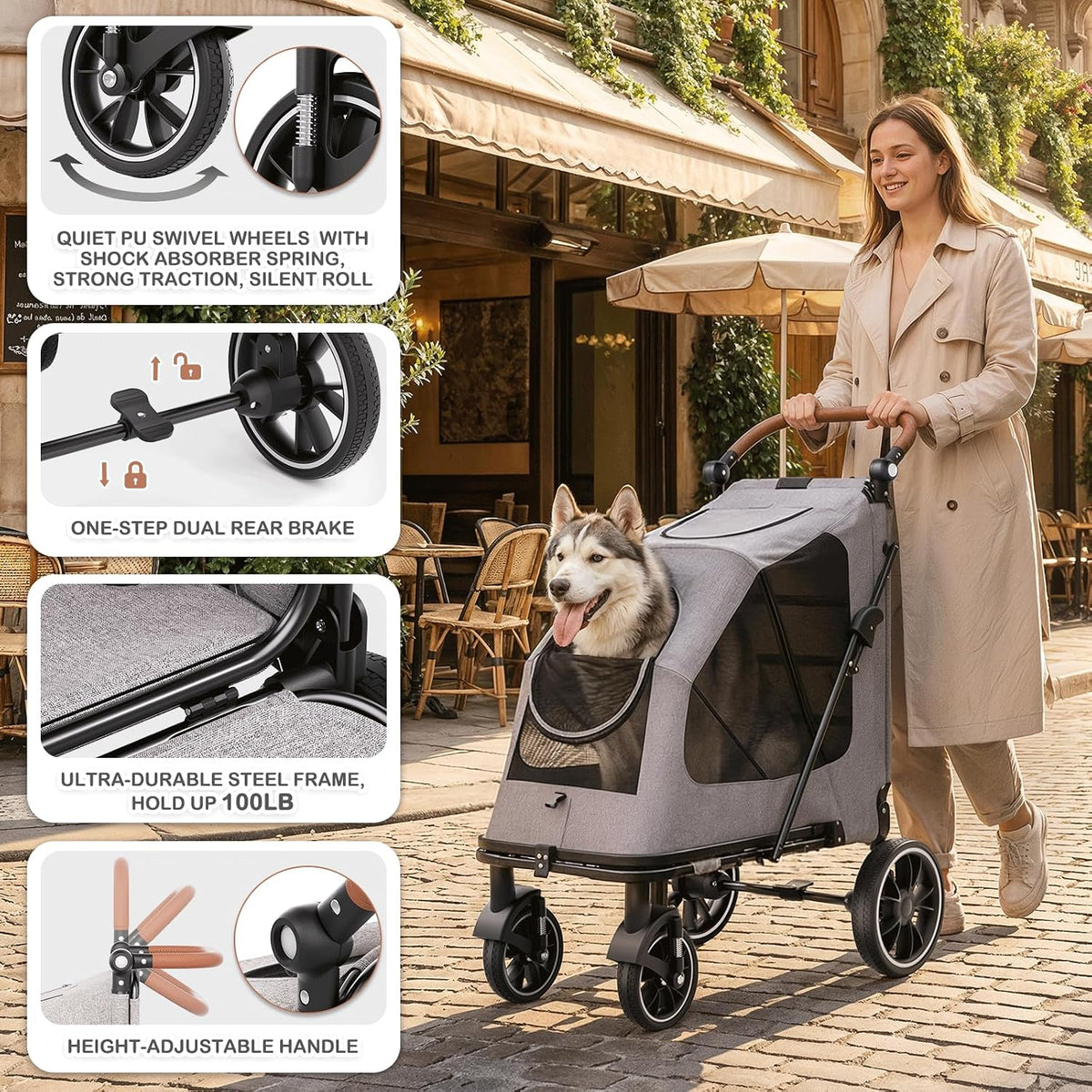 monibloom large pet stroller with anti-slip ramp, for, side view