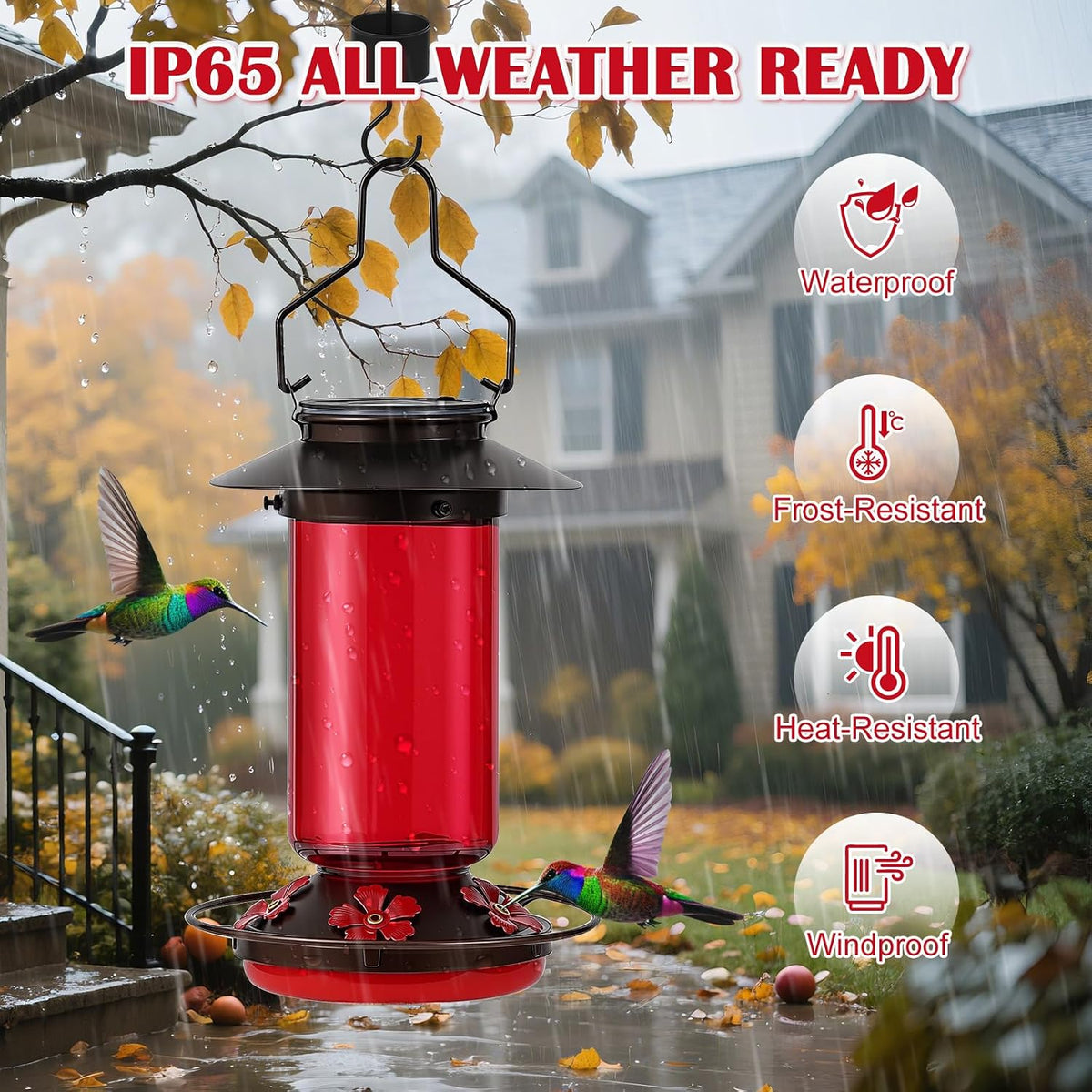 tansoren solar hummingbird feeder for outdoors hanging glass, side view