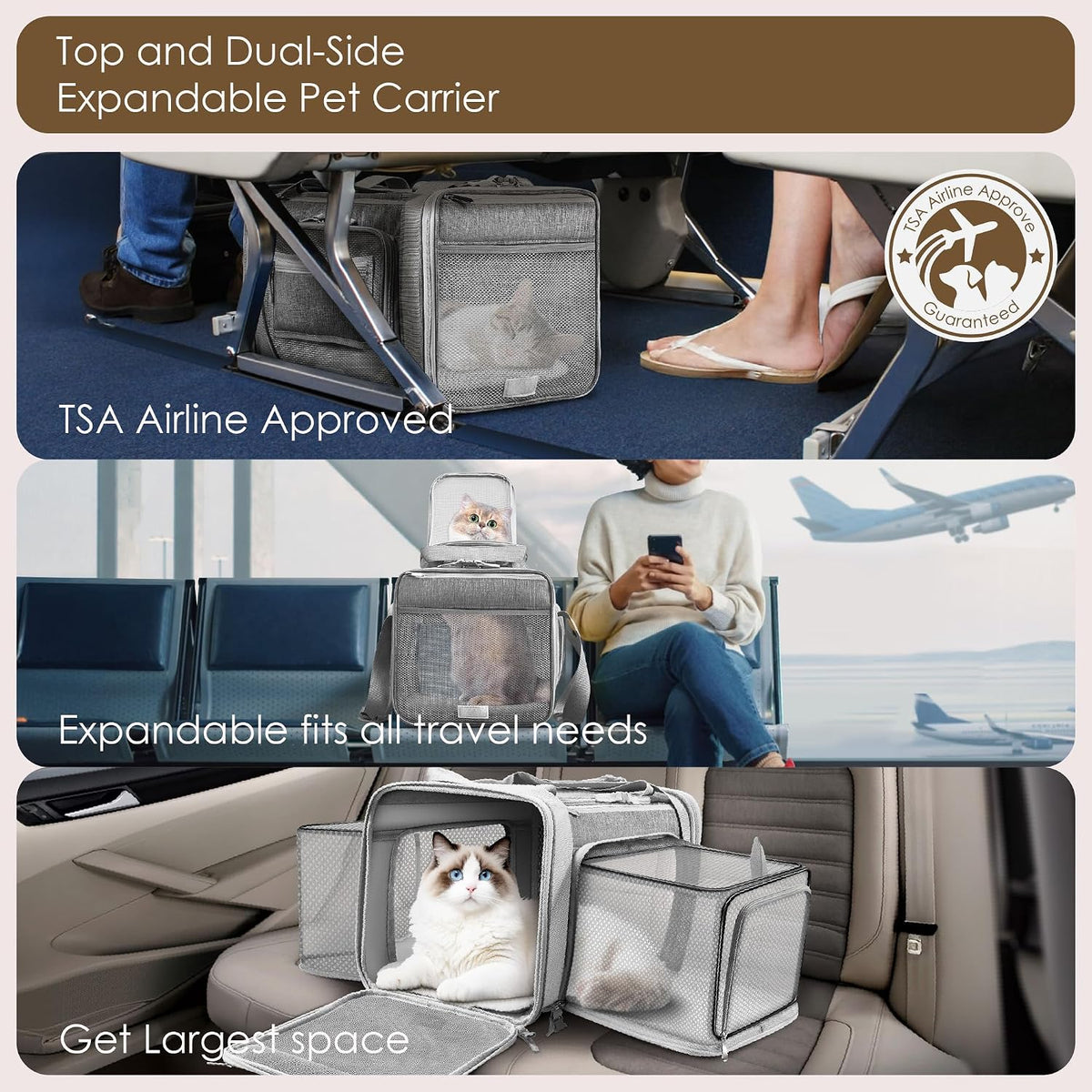 top and 2 sides expandable pet carrier 17x11x9.5 shown in use